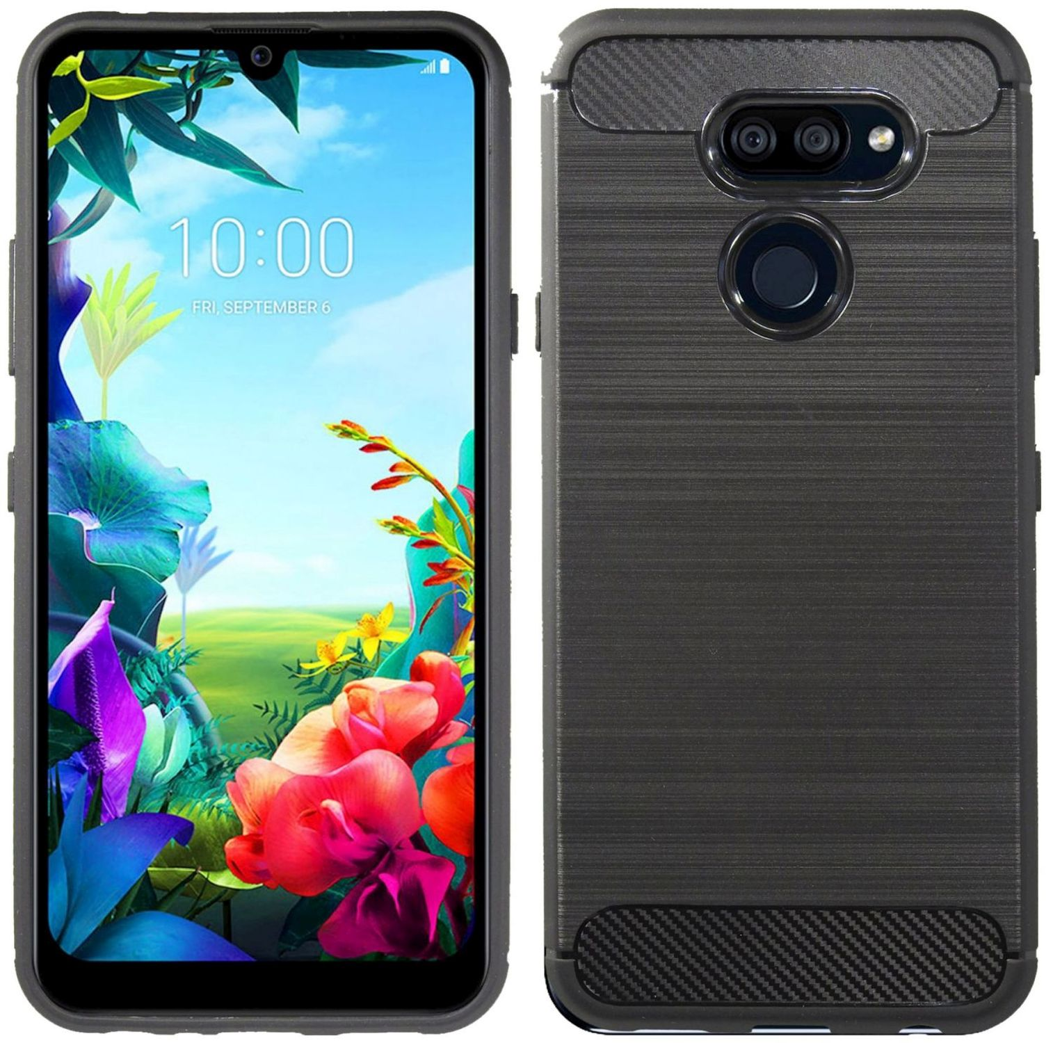 Telefon mit Hülle. Der Bildschirm zeigt ein Blumenbild. Die Hülle ist schwarz.
