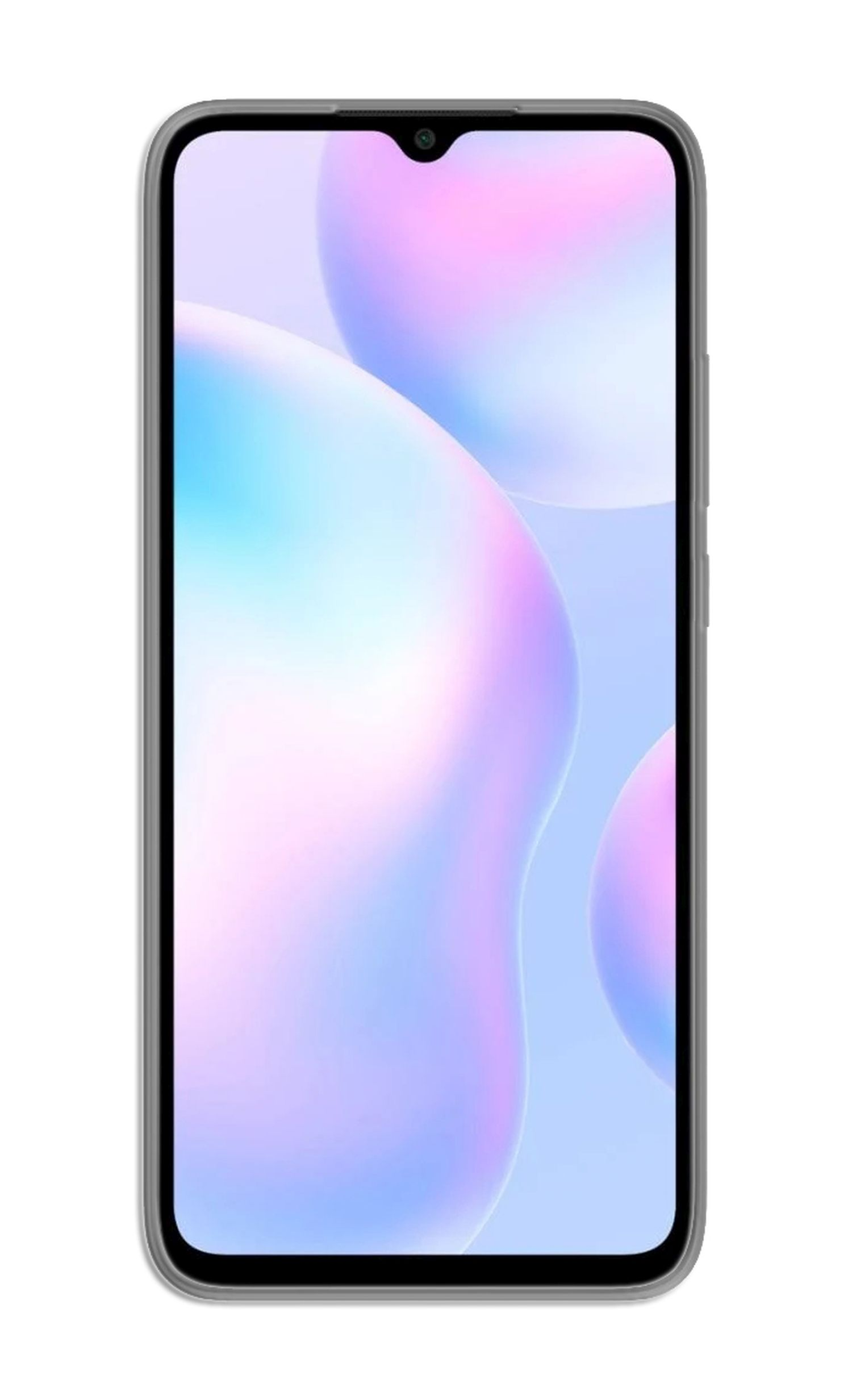 Schwarzes Smartphone mit farbenfrohem Bildschirm. Zeigt rosa, blauen und lila Hintergrund. Weißer Hintergrund.