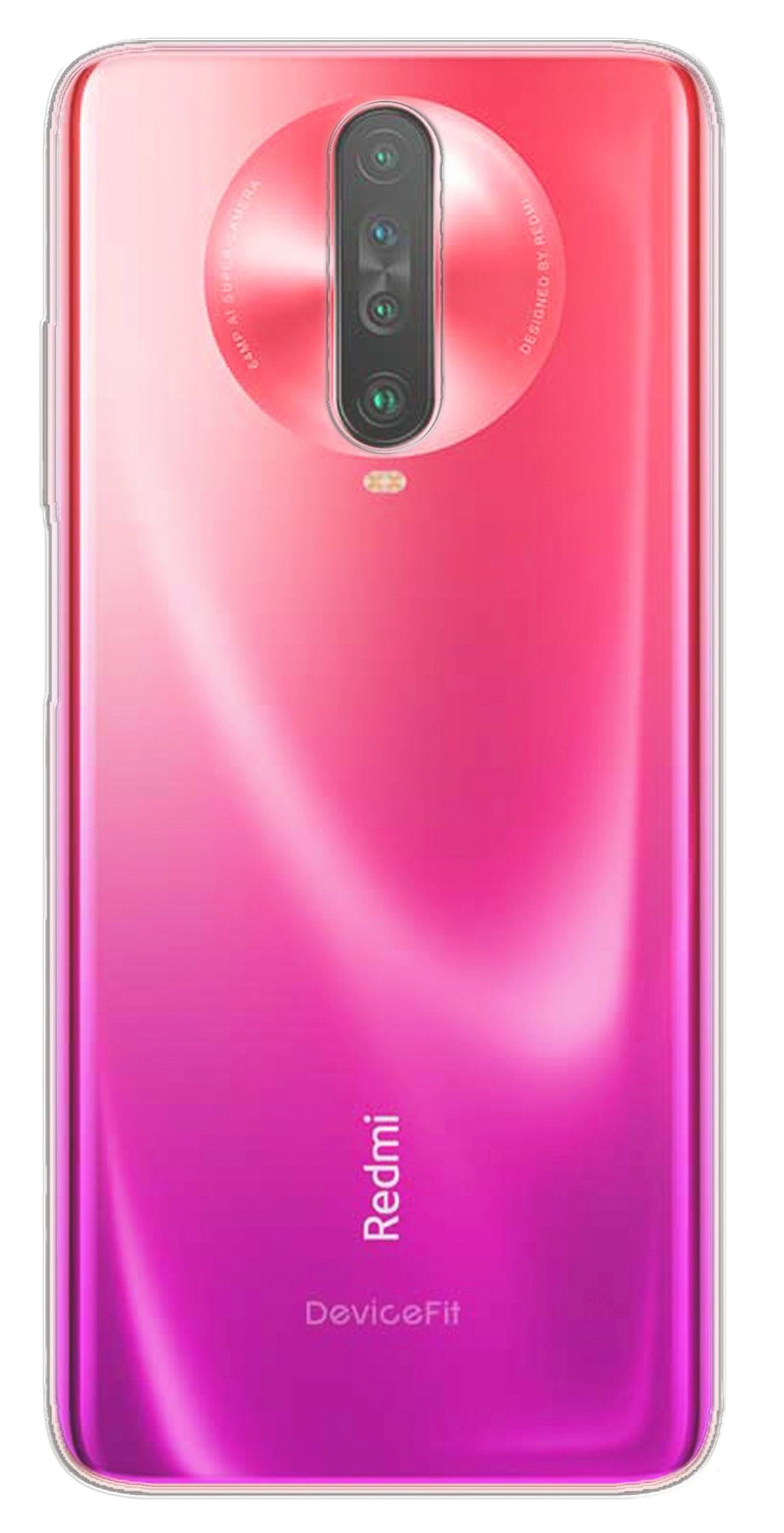 Redmi-Handy-Rückseite, Farbverlauf von Pink zu Lila. Kamera und Logo-Details sichtbar.