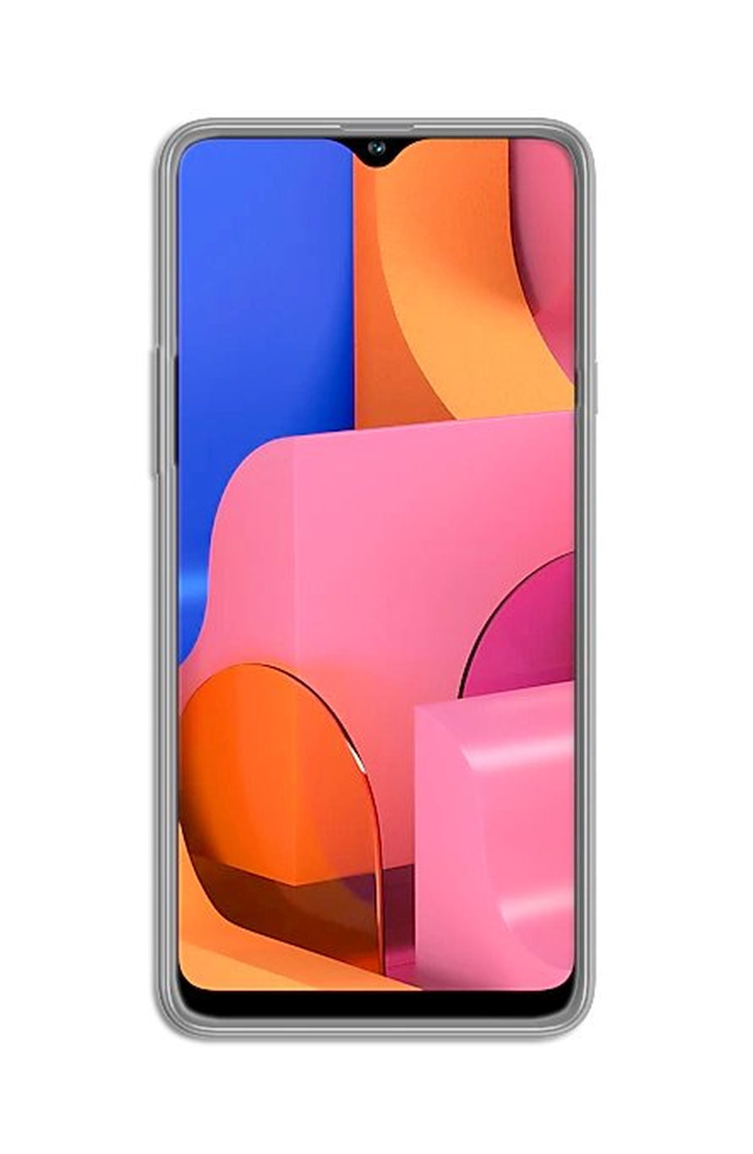 Ein Smartphone, das ein farbenfrohes, abstraktes Bild anzeigt, in einer transparenten Hülle.