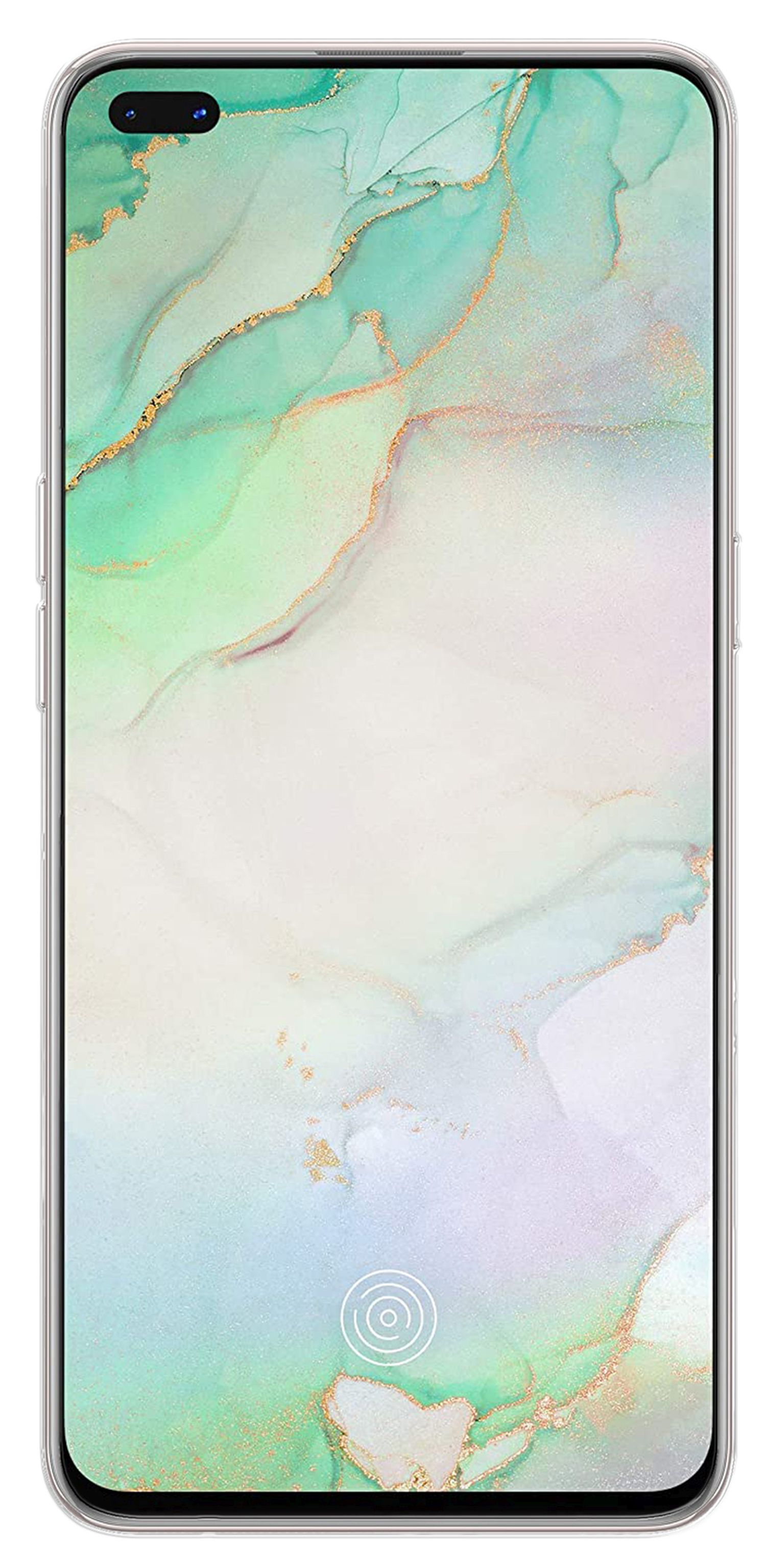 Smartphone-Bildschirm mit einem farbenfrohen, abstrakten Design aus hellgrünen, goldenen und weißen Farbtönen.