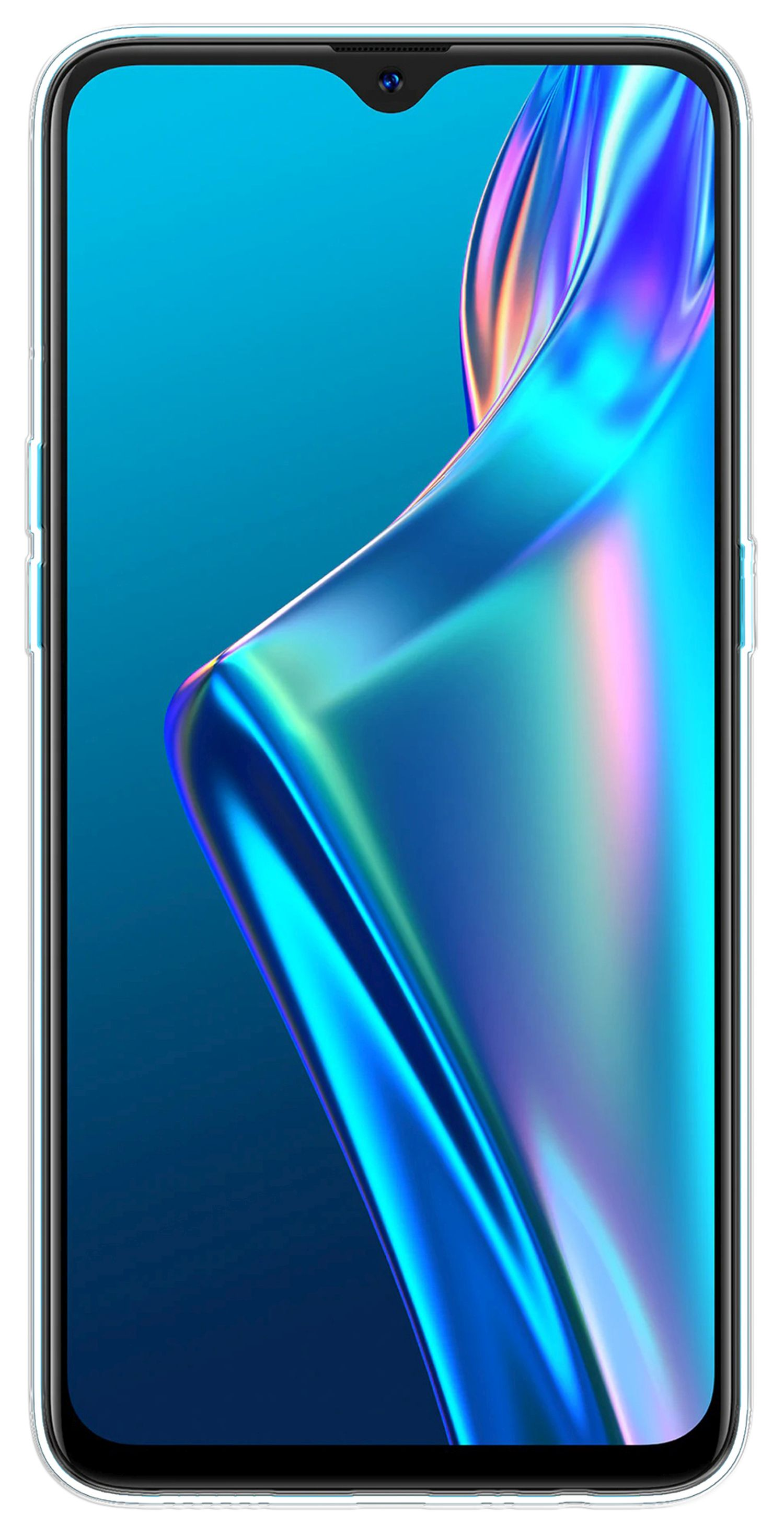 Ein Smartphone in einer transparenten Hülle. Der Bildschirm zeigt ein lebendiges blau-lila abstraktes Design.