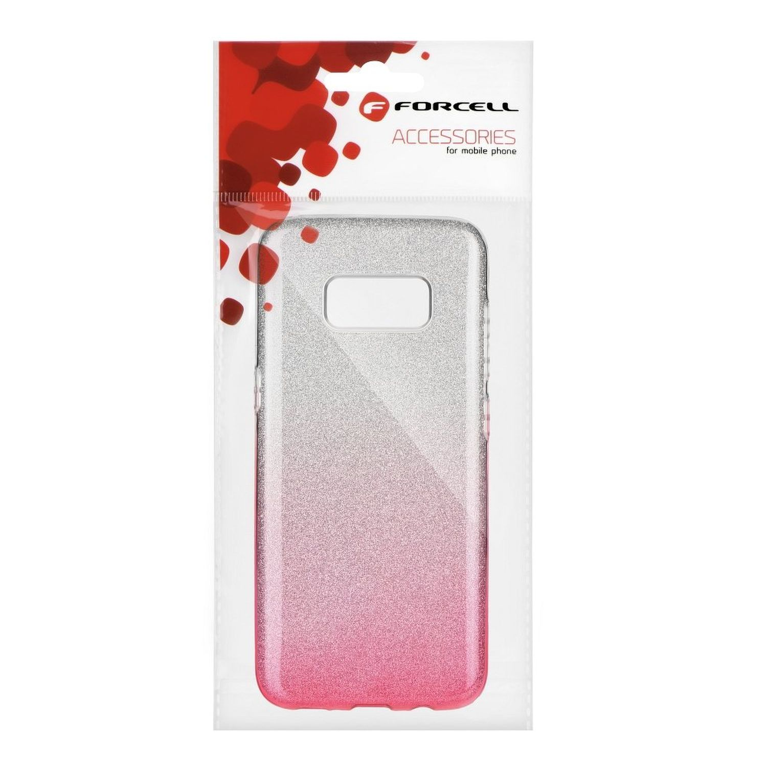 Handyhülle in einer Verpackung, die Hülle ist rosa und silber, die Verpackung hat einen roten Deckel.