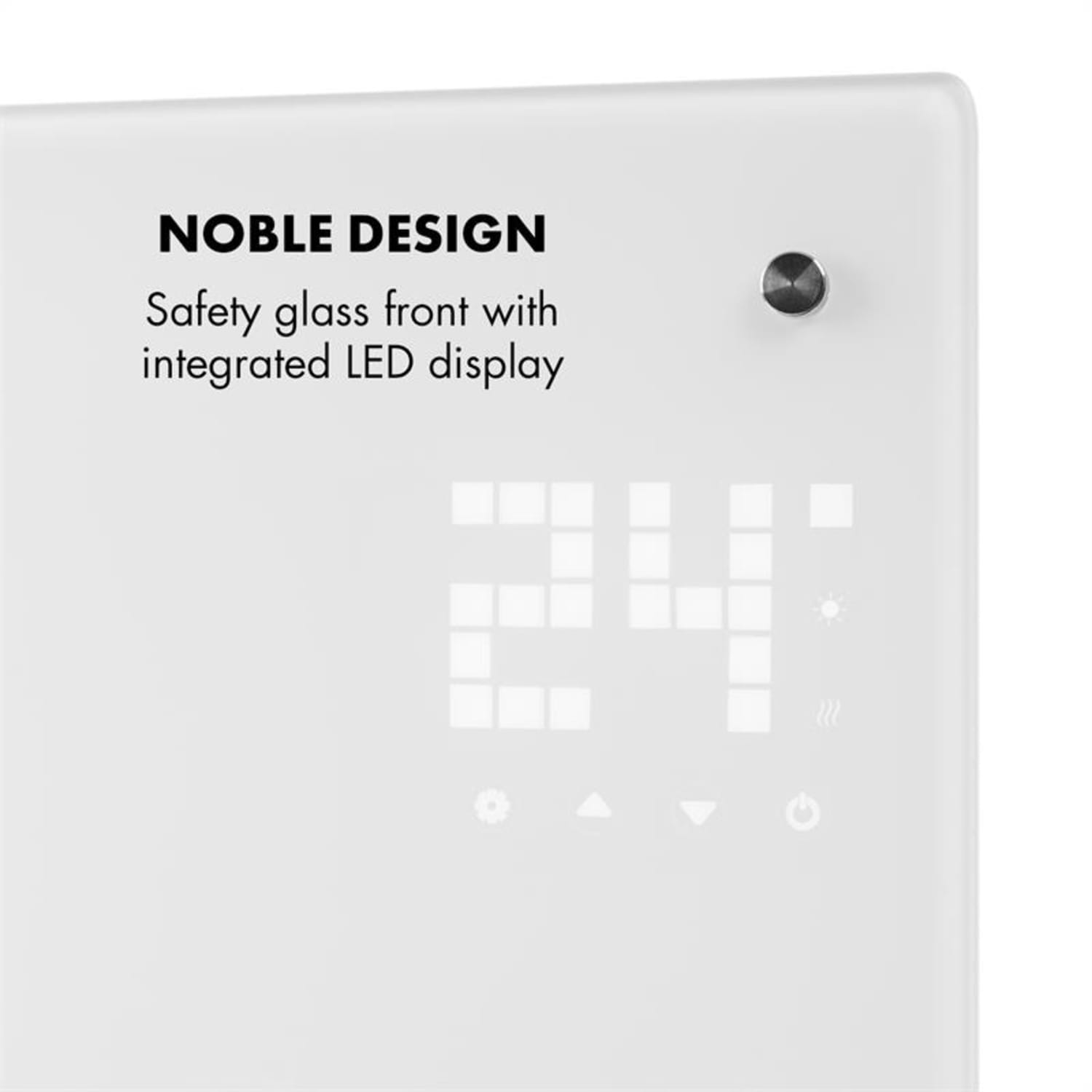 Calentador digital blanco con el texto 'NOBLE DESIGN' y una pantalla que muestra el número 24 e iconos.
