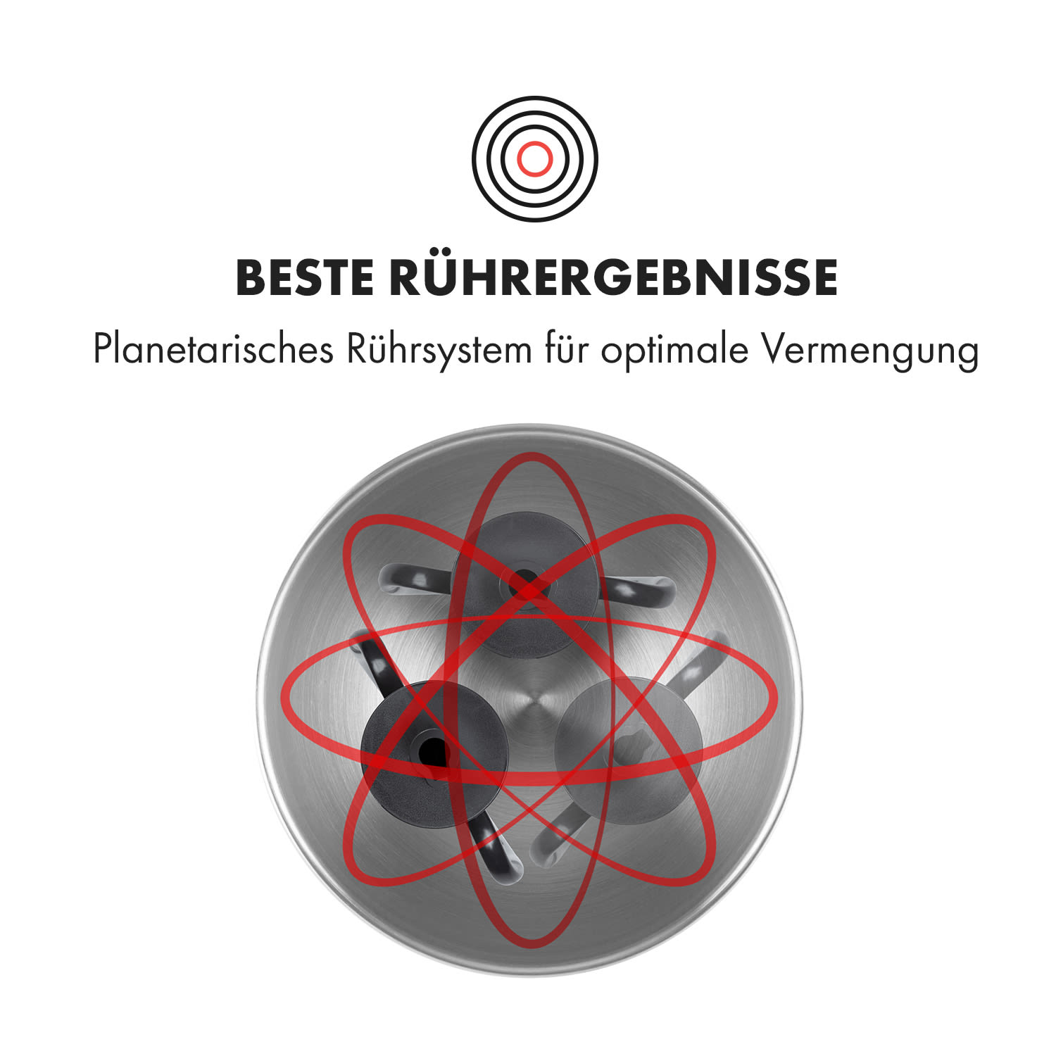 Mixerkopf mit roten Kreisen. Text oben: Beste Mixergebnisse. Weißer Hintergrund.
