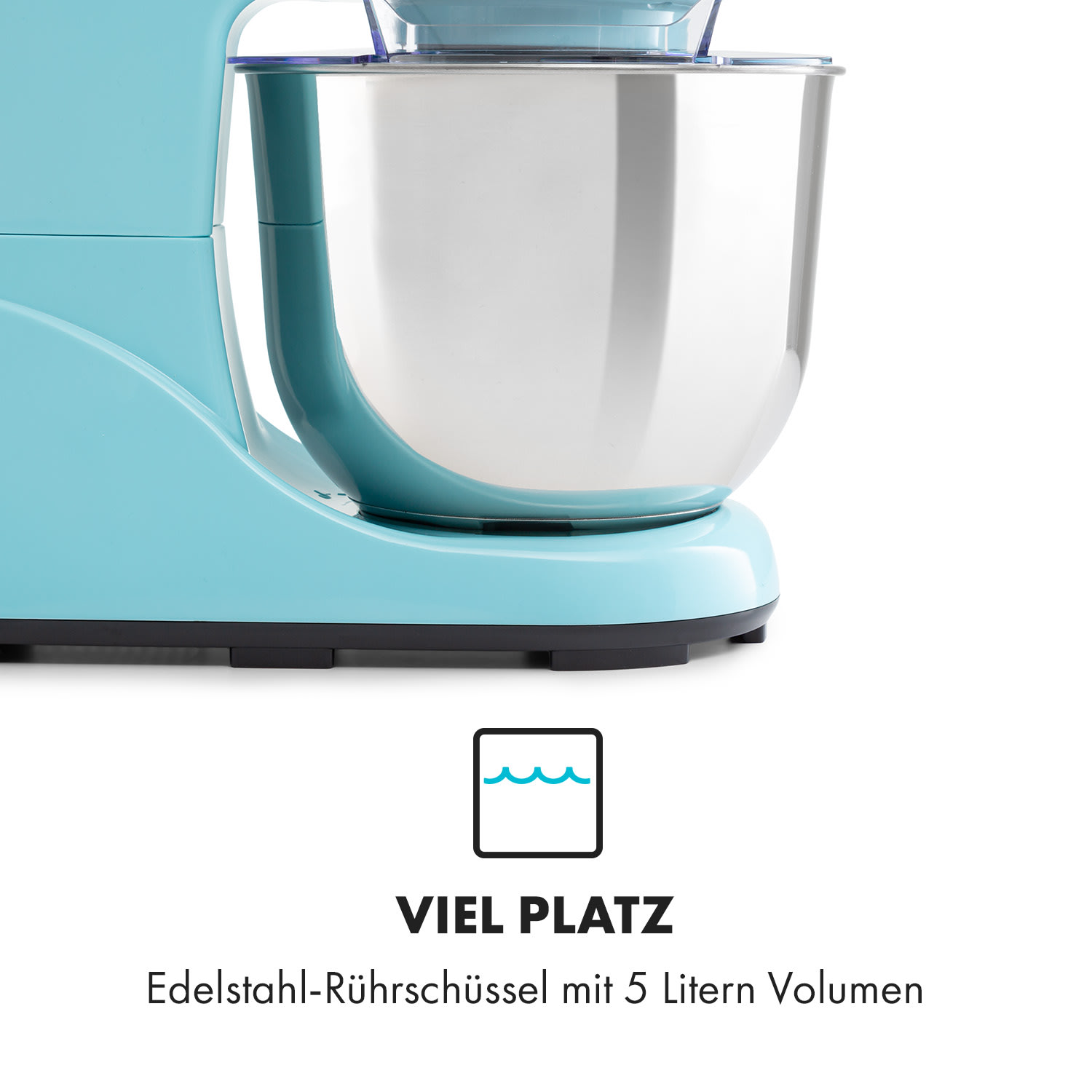 Blaues Mischgerät. Edelstahl-Schüssel. Weißer Hintergrund.