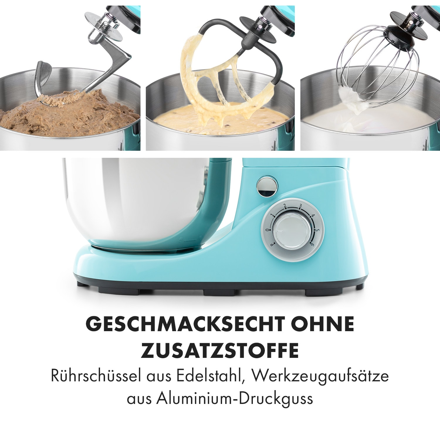 Blauer Küchenmixer mit Zutaten. Drei Ansichten des Mischens.