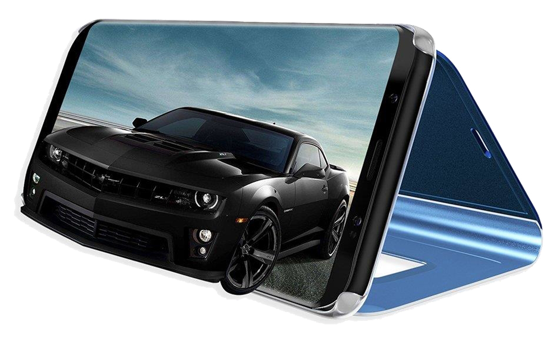 Smartphone, das ein schwarzes Auto auf blauem Grund zeigt und seinen Bildschirm präsentiert.