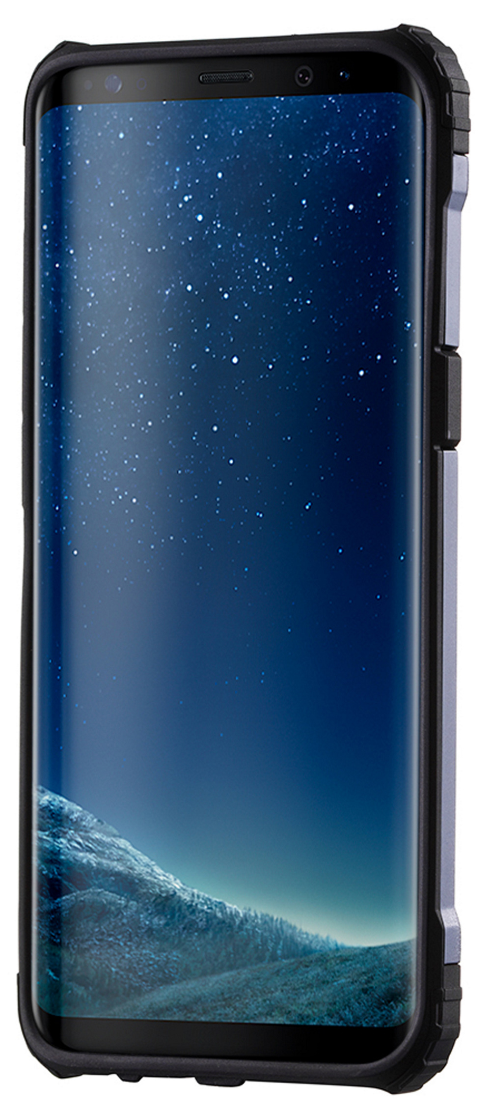 Smartphone mit blauer Hülle, Bildschirm zeigt Sternenhimmel, weißer Hintergrund.