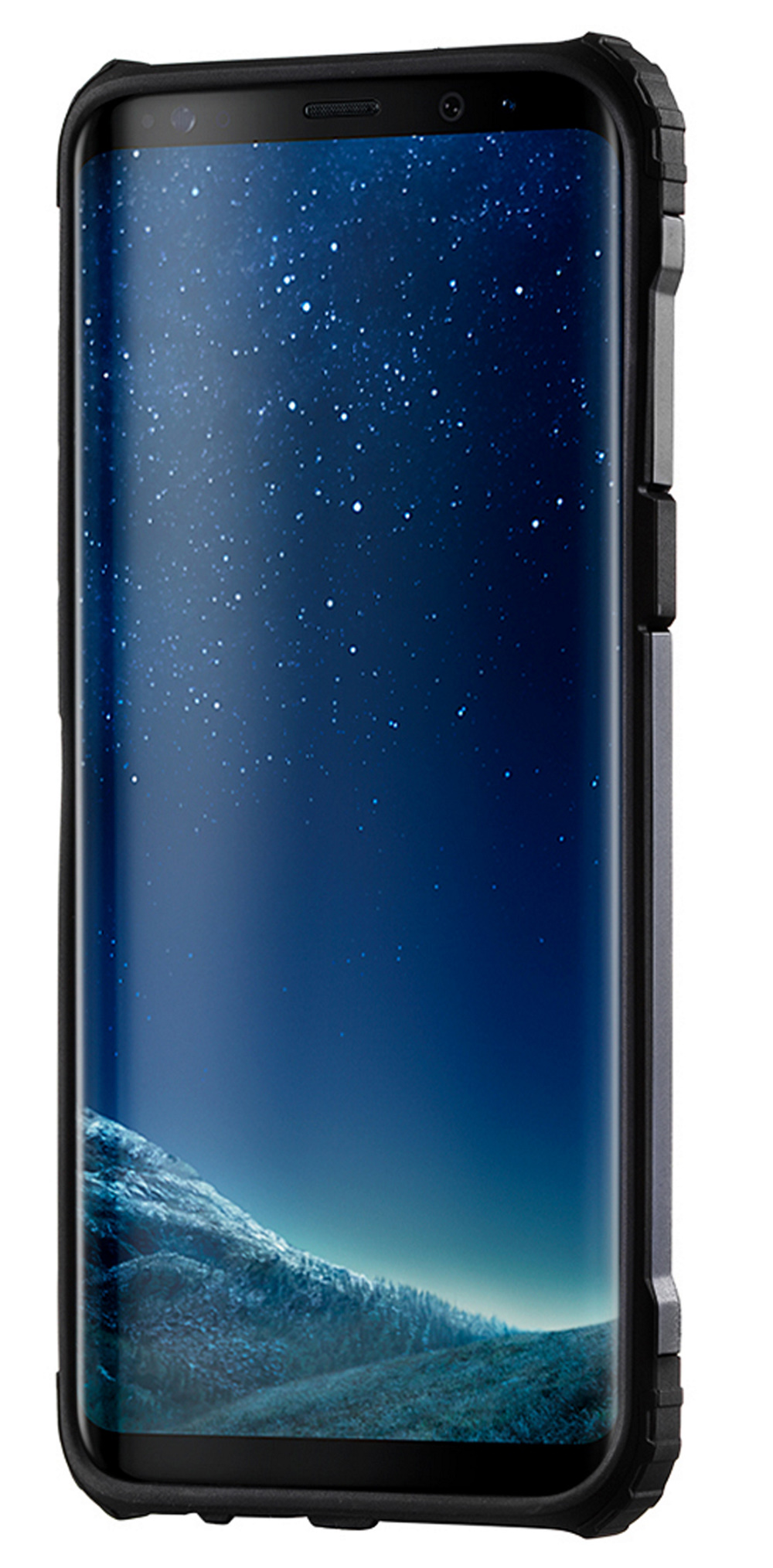 Ein Telefon mit einem Sternennachthimmel, umrahmt von einer schwarzen, robusten Schutzhülle.