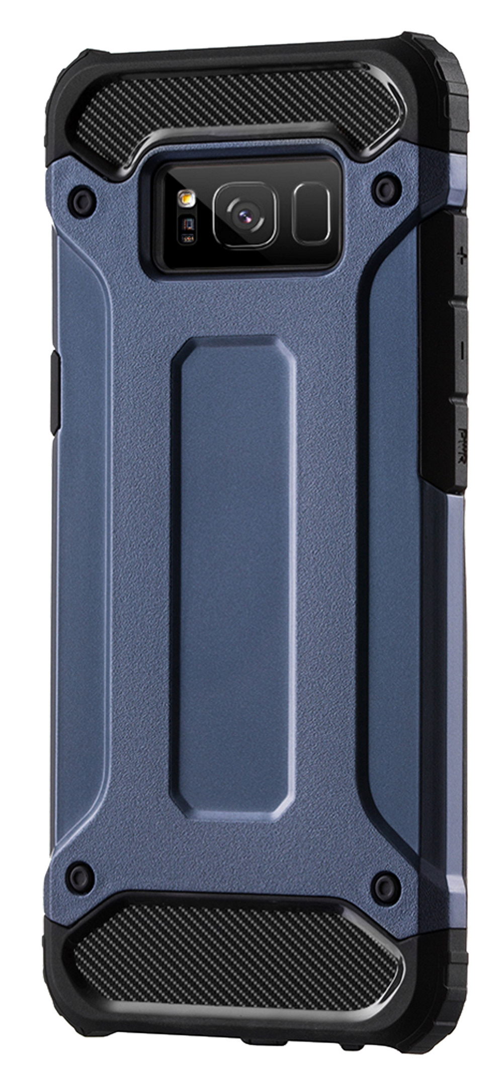 Blaue Handyhülle. Robust, mit schwarzen Akzenten und erhöhten Tasten an der Seite.