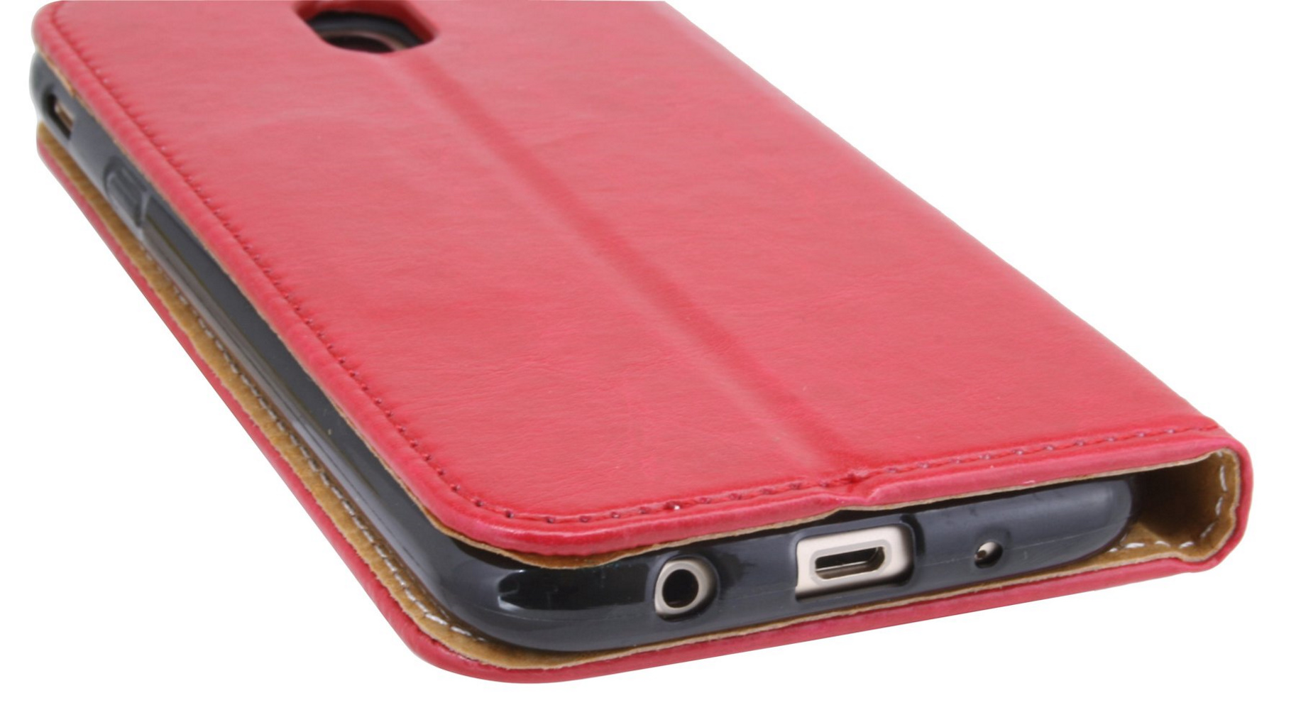 Rote Handyhülle geöffnet, mit Telefon darin, Anschlüsse sichtbar.