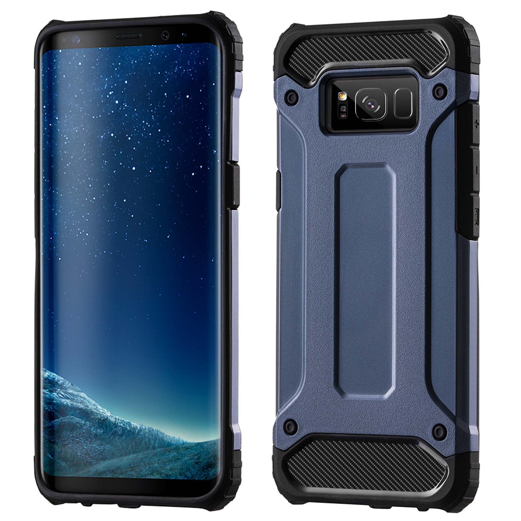 Blaue und schwarze Handyhülle auf einem Telefon, das einen blauen Hintergrund zeigt. Der Fall hat eine Kamera.