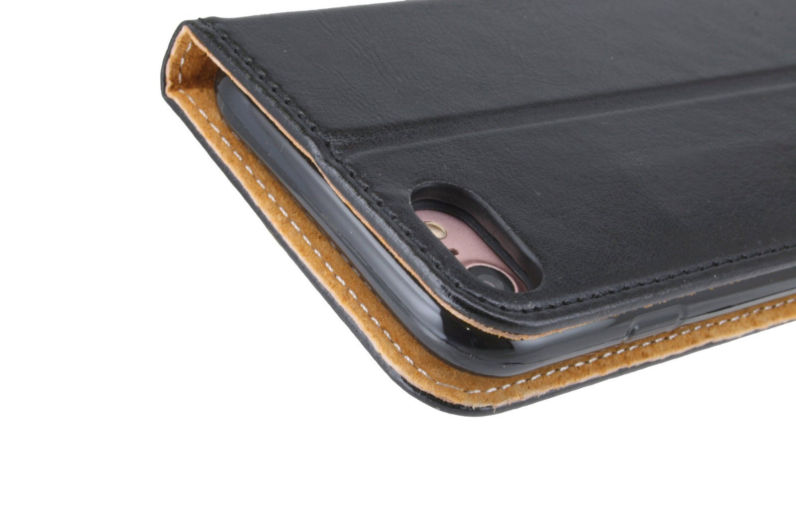 Eine Handyhülle mit einem Telefon darin, mit dem Rand eines Telefons mit schwarzem Case.