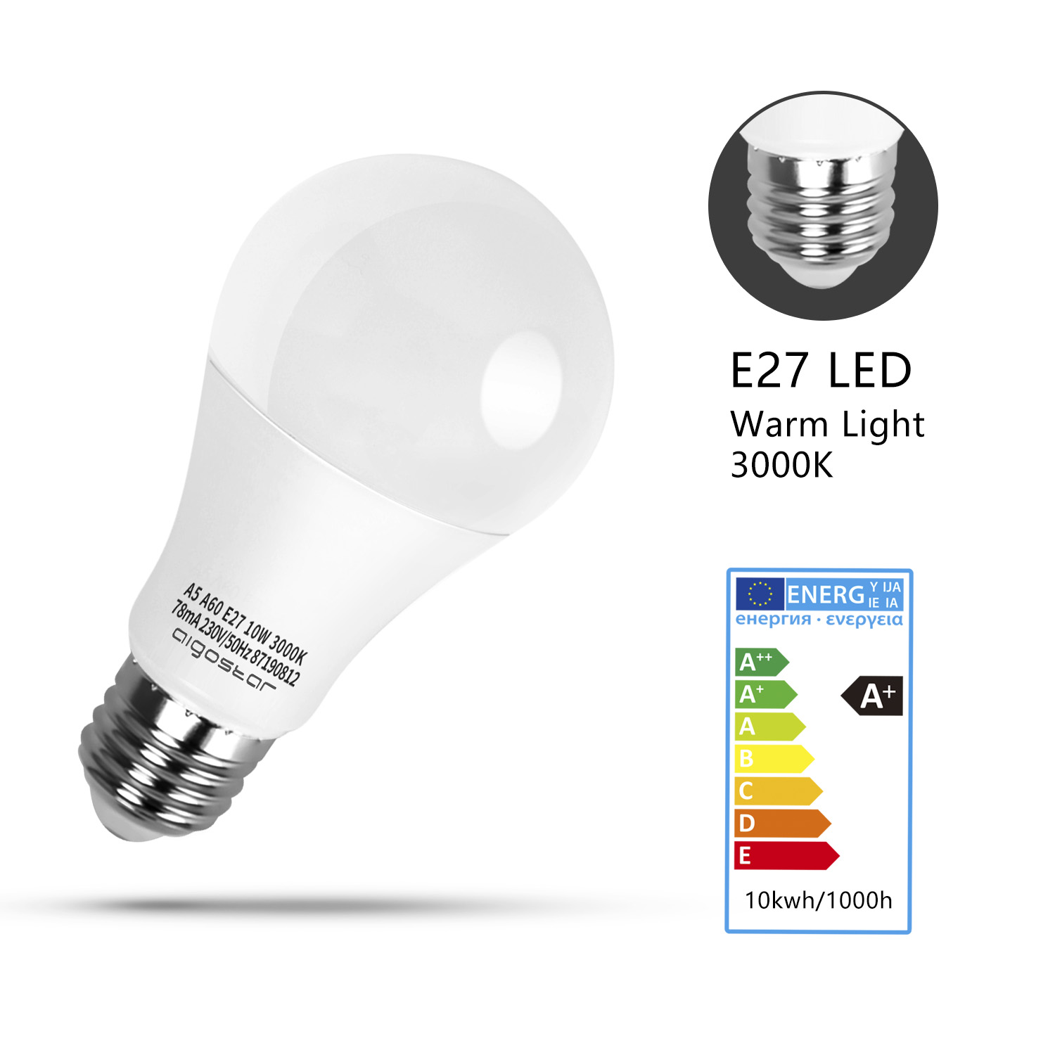 Una lampadina LED bianca marca Aigostar con base E27 ed etichetta di efficienza energetica.
