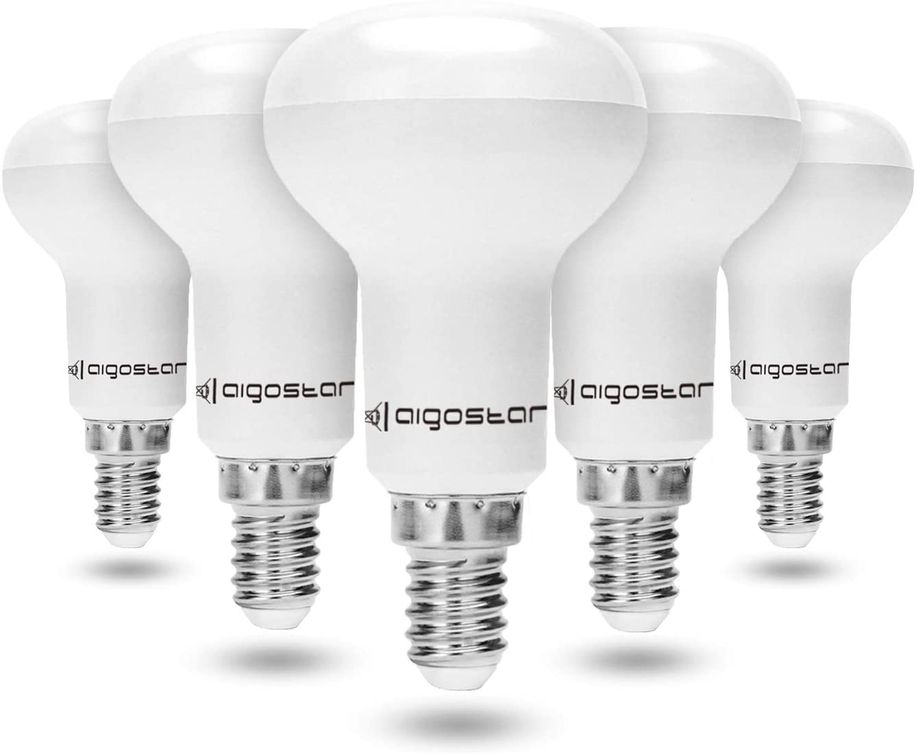 Cinque lampadine bianche con logo Aigostar su sfondo bianco.