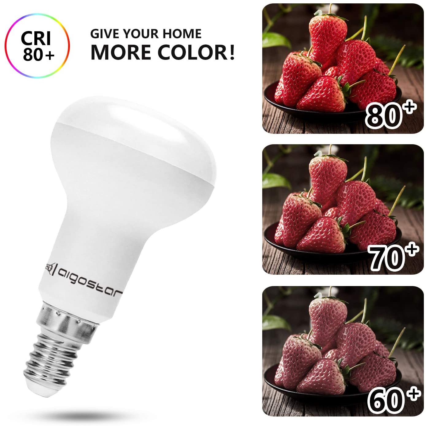 Una lampadina bianca con logo "Aigostar" e tre immagini di fragole con valori CRI.