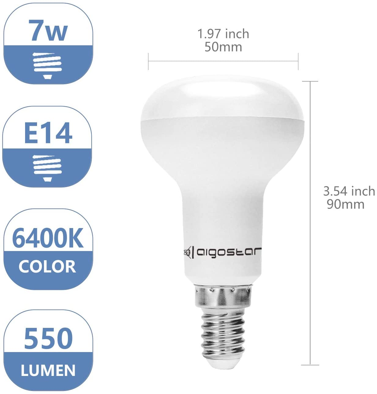 Lampadina bianca: 7W, attacco E14, 6400K, 550 lumen. Dimensioni: 50x90mm.