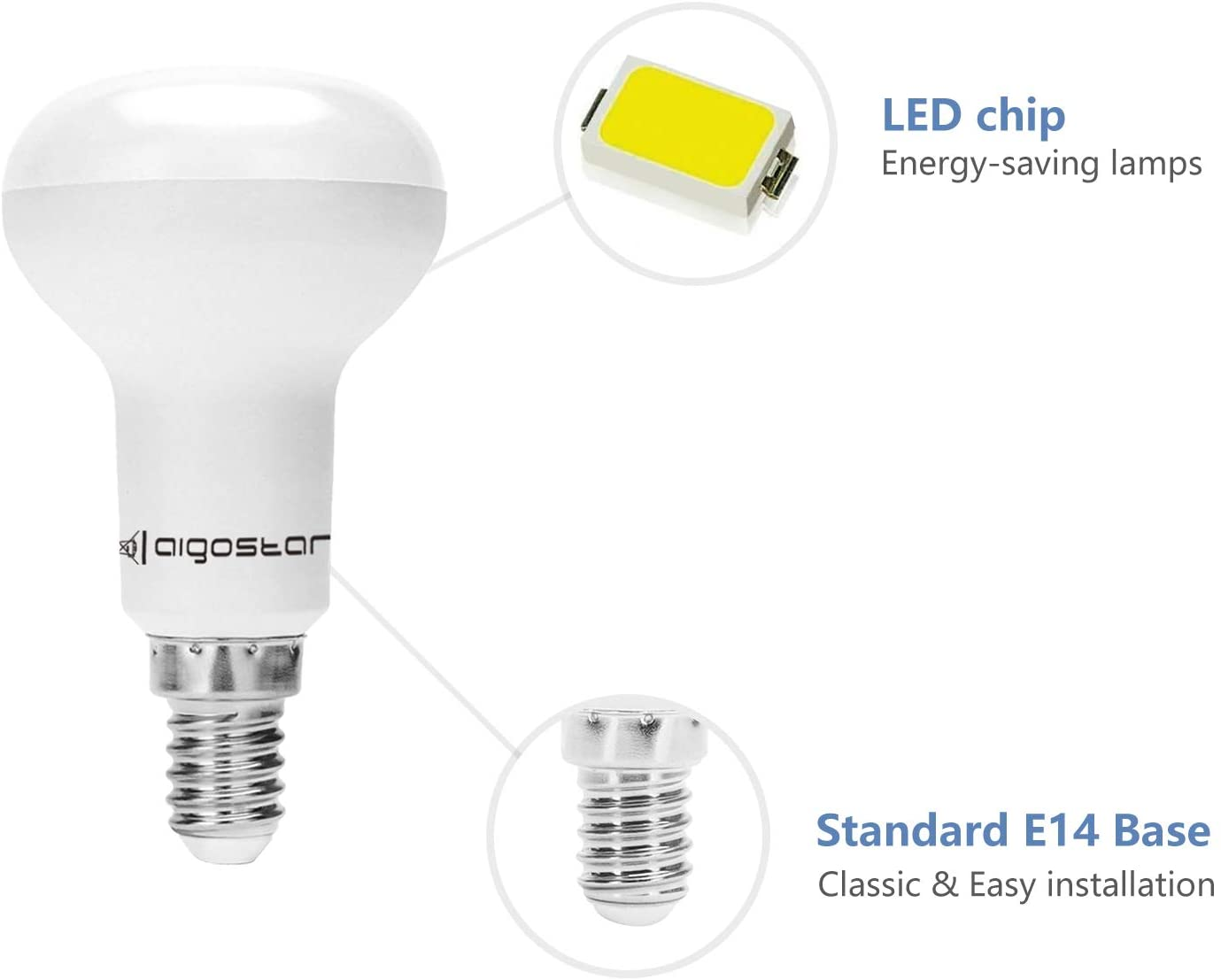 Lampadina LED AigoStar con base E14 e dettaglio chip LED visibile.