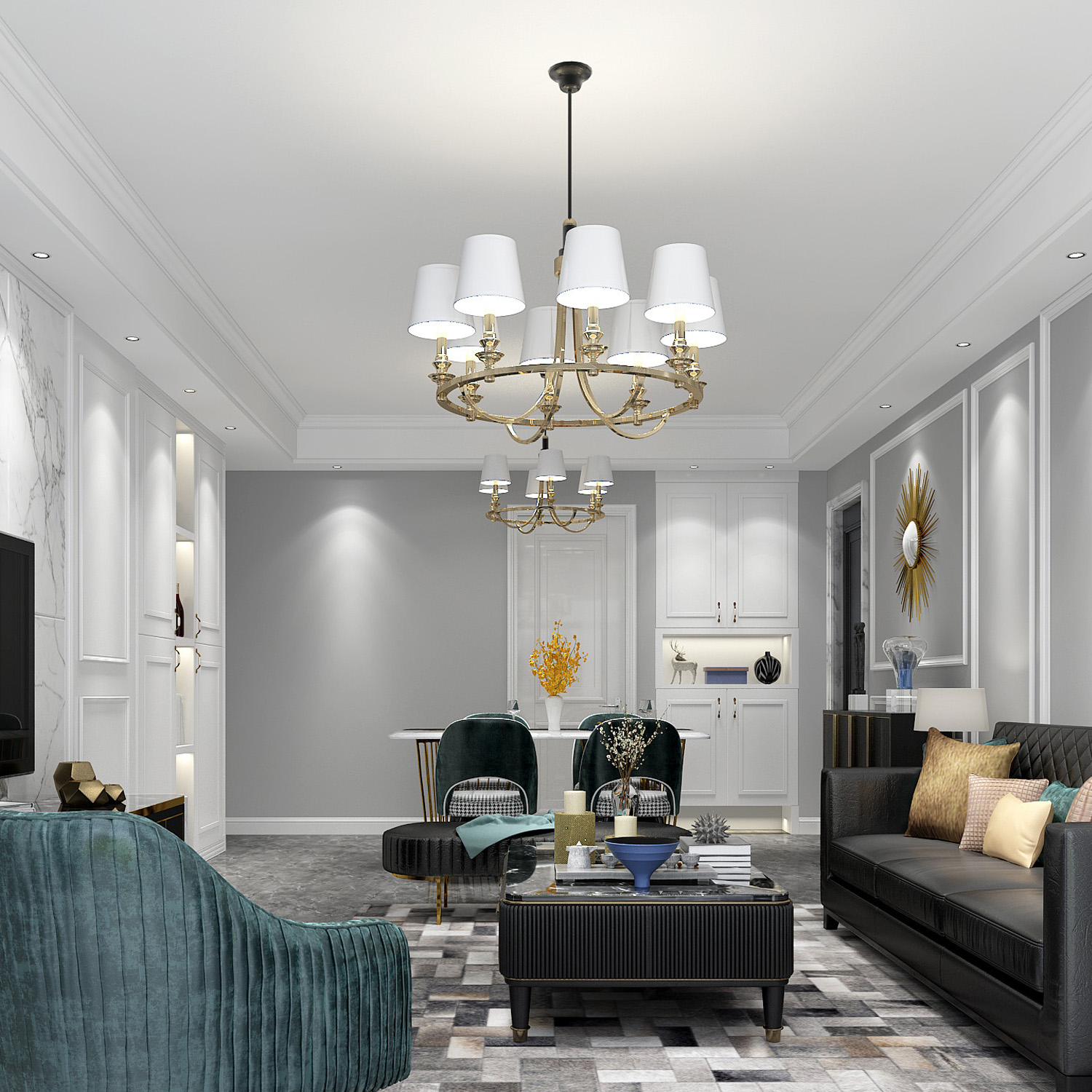 Soggiorno di lusso, con divano, lampadario e decorazioni, nelle tonalità del grigio, bianco e verde acqua.