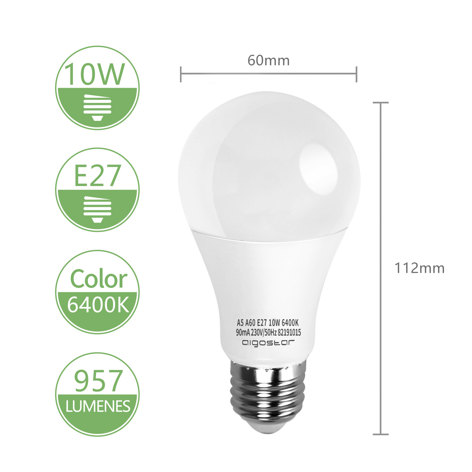 Lampadina bianca con dimensioni e specifiche per wattaggio, colore e lumen.
