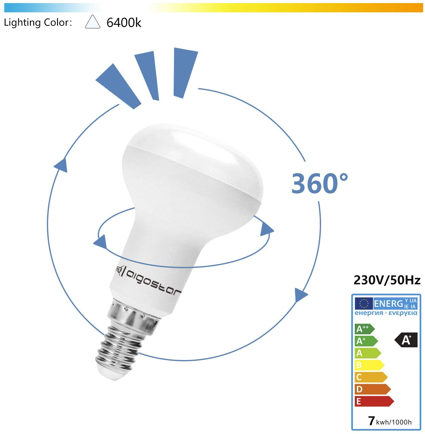 Lampadina LED bianca con base E27, 6400k, 360 gradi, efficienza energetica A+.