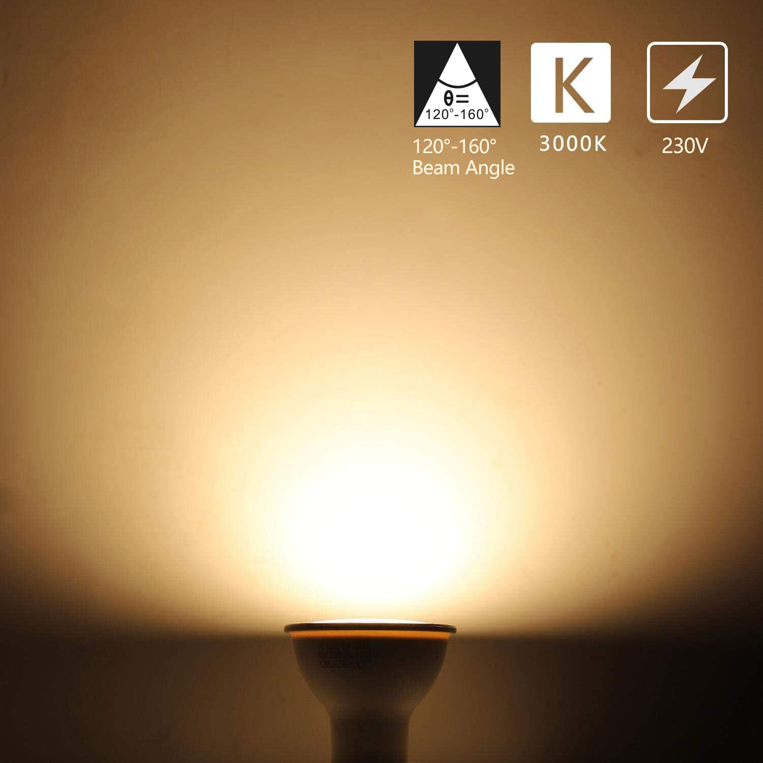 Una luce intensa brilla da una lampadina GU10. L'angolo del fascio è di 120-160 gradi. Il colore è 3000K.