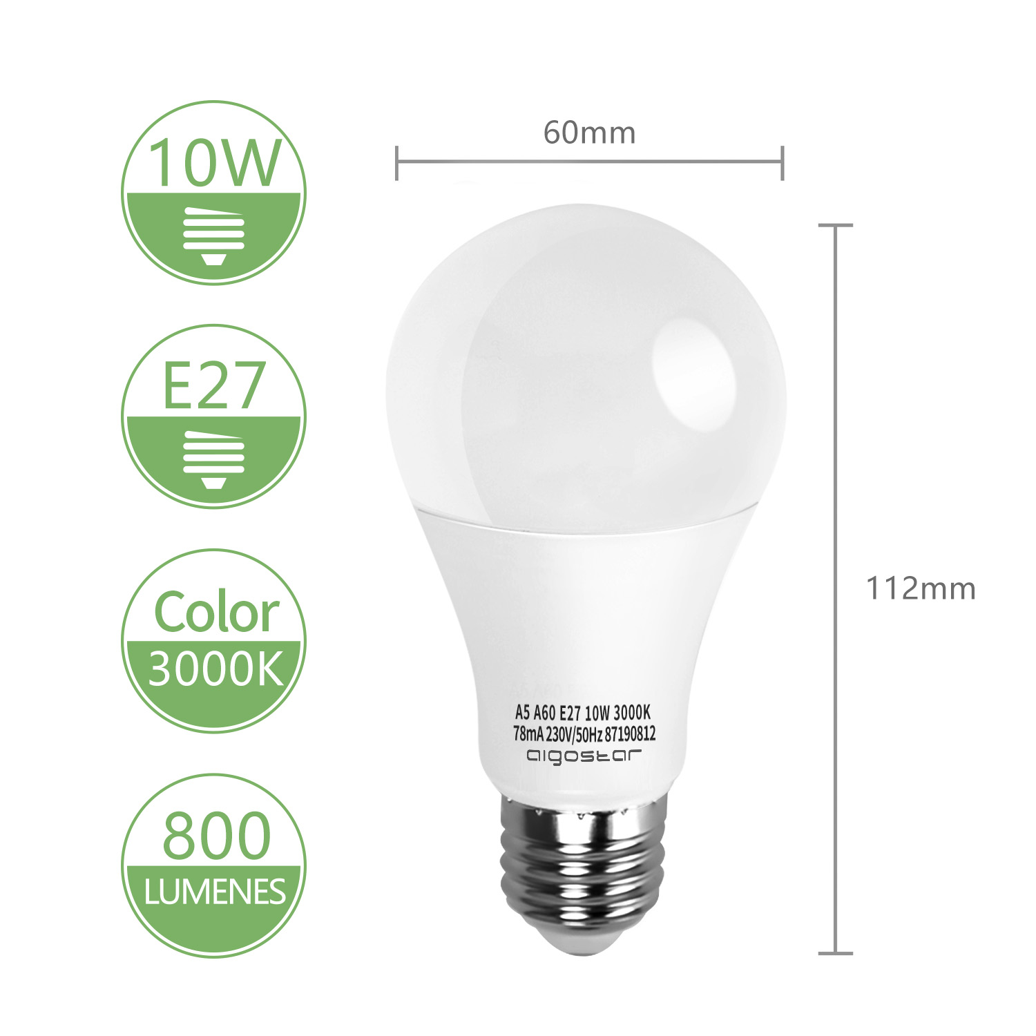 Lampadina LED bianca con specifiche. Caratteristiche: 10W, E27, colore 3000K e 800 lumen.