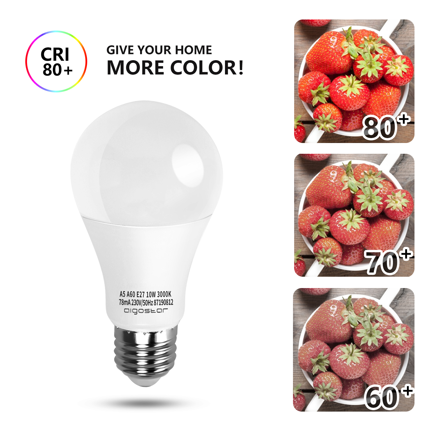 Una lampadina con testo su CRI 80+ e immagini di fragole, che mostrano la qualità del colore.