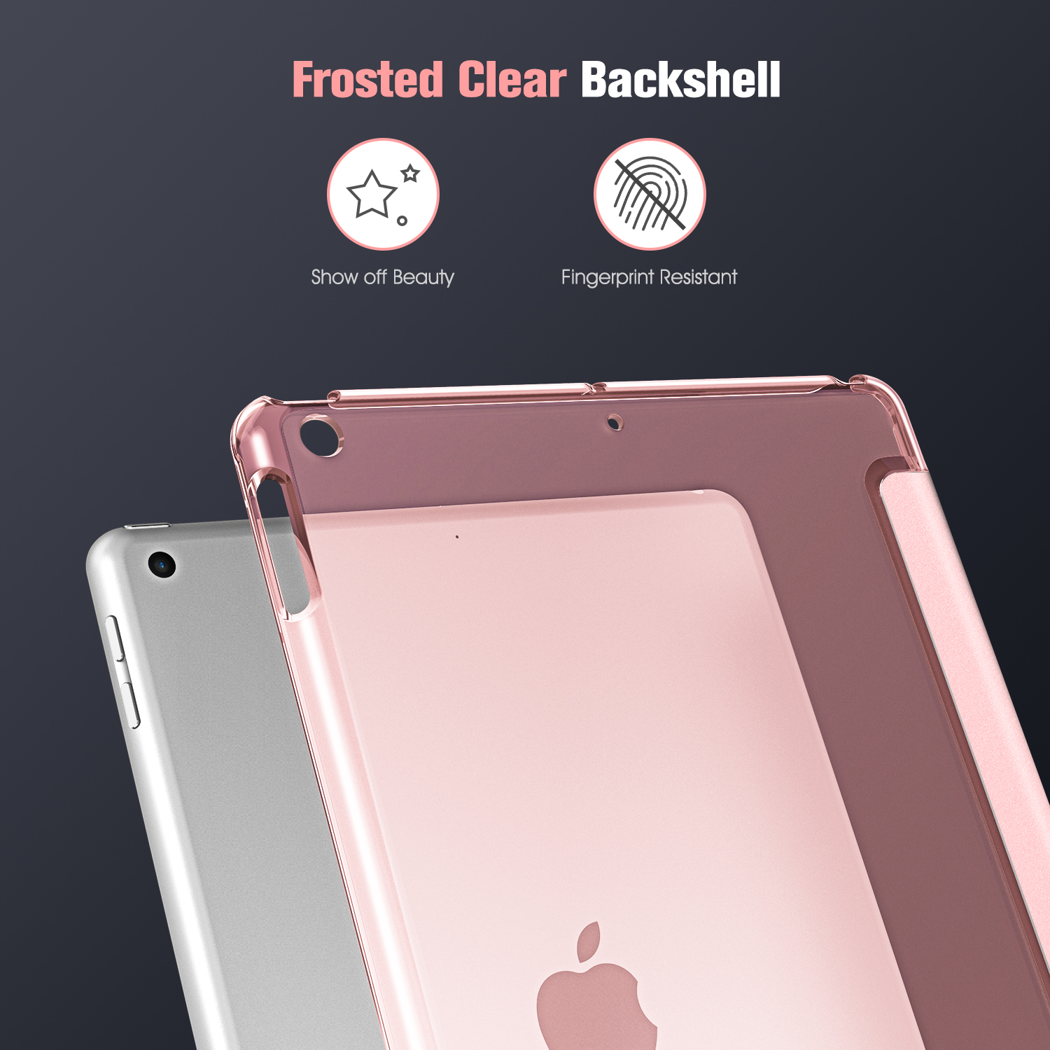 Eine rosa klare iPad-Hülle mit einem silbernen iPad und Text darüber.