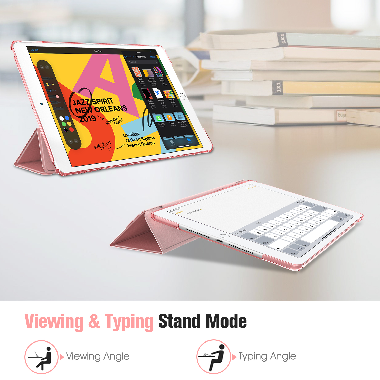 Rosa Tablet in einem Case mit Tastatur. Weißer Hintergrund. Text: 'Viewing & Typing Stand Mode'.