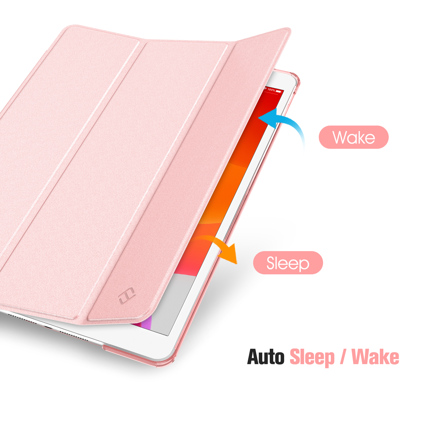 Rosa Tablet-Hülle, offen, mit Tablet darin. Text: „Auto Sleep/Wake“. Pfeile zeigen Aufwachen und Schlafen.