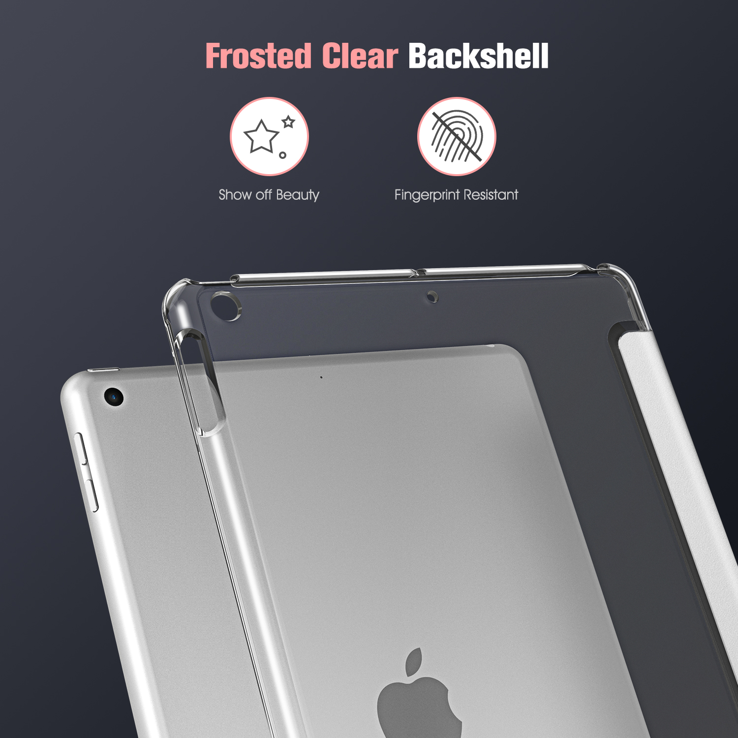Transparente Tablethülle mit mattierter Rückseite. Sie hat zwei Symbole, die Schönheit und Fingerabdruckresistenz zeigen.