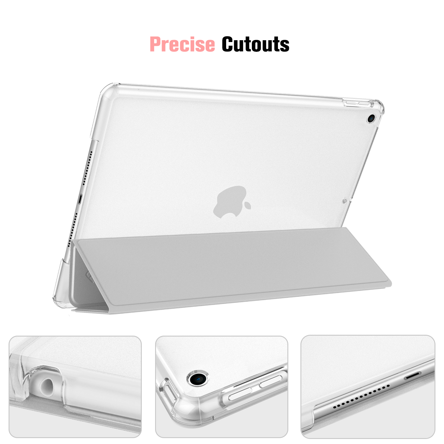 Eine transparente Tablethülle mit drei Nahaufnahmen der Details. Der Text "Precise Cutouts" ist sichtbar.