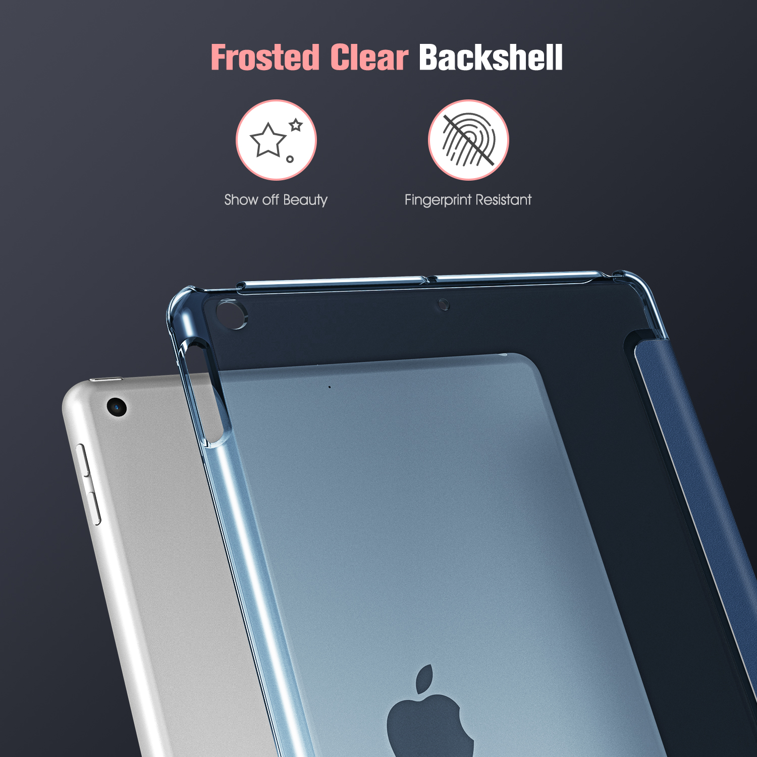 Zwei Tablets in Hüllen. Eines ist silber, das andere in einer blauen Hülle. Text sagt 'Frosted Clear Backshell'.