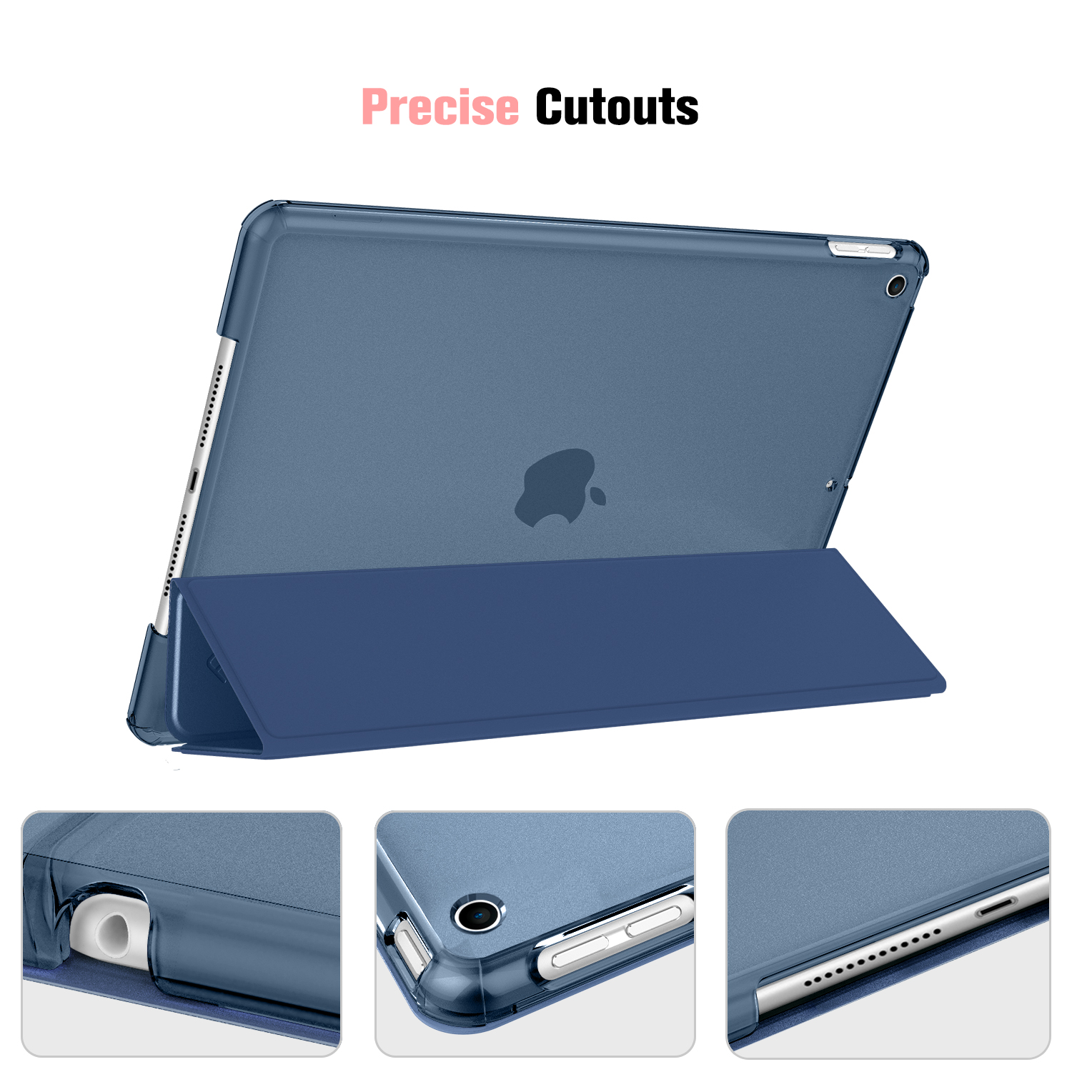 Blaue Tablethülle mit präzisen Aussparungen. Enthält Nahaufnahmen von Hülle und Tablet.