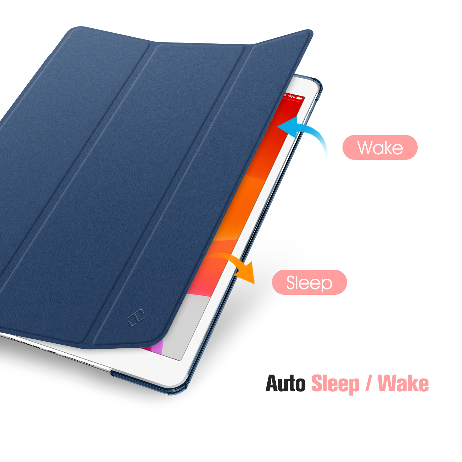 Blaue Tablet-Hülle, zeigt 'Wake' und 'Sleep' Funktionalität mit Pfeilen.