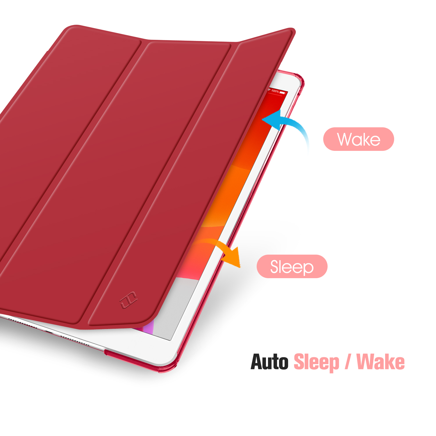 Rote Tablet-Hülle, offen, mit Text „Auto Sleep/Wake“ und Pfeilen.