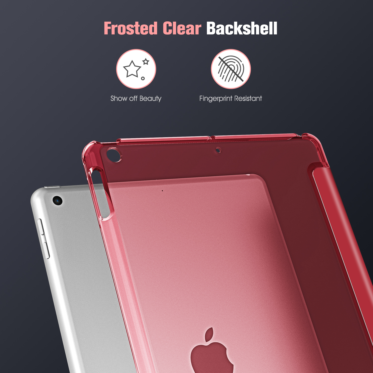 Zwei Tablets. Eines grau, eines mit roter Hülle. Text sagt 'Frosted Clear Backshell', zeige Schönheit, und Fingerabdruckfest.