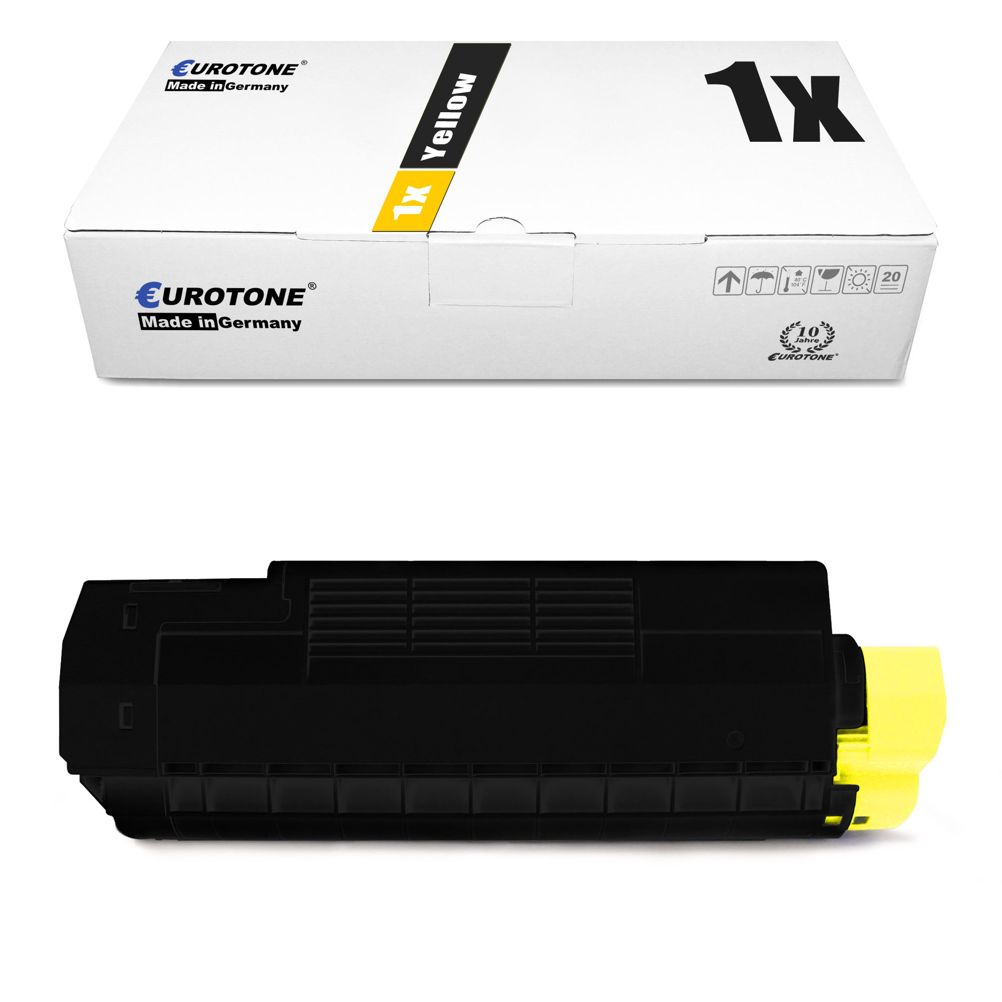 Gelbe Tonerkartusche in weißer Box mit '1x Yellow' und 'Eurotone'.