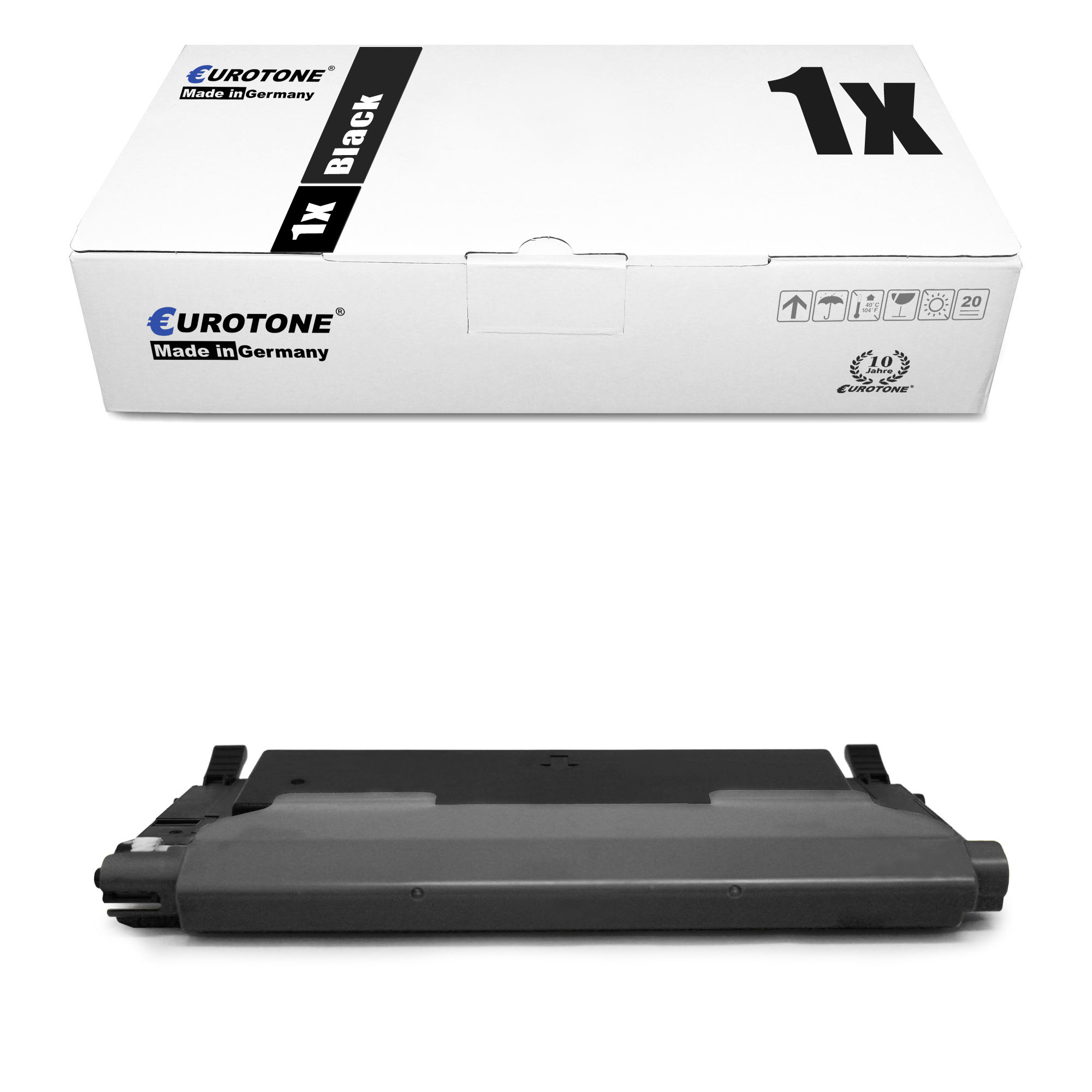 Weiße Box mit schwarzem Text und eine schwarze Tonerkartusche darunter. Die Patrone ist schwarz.