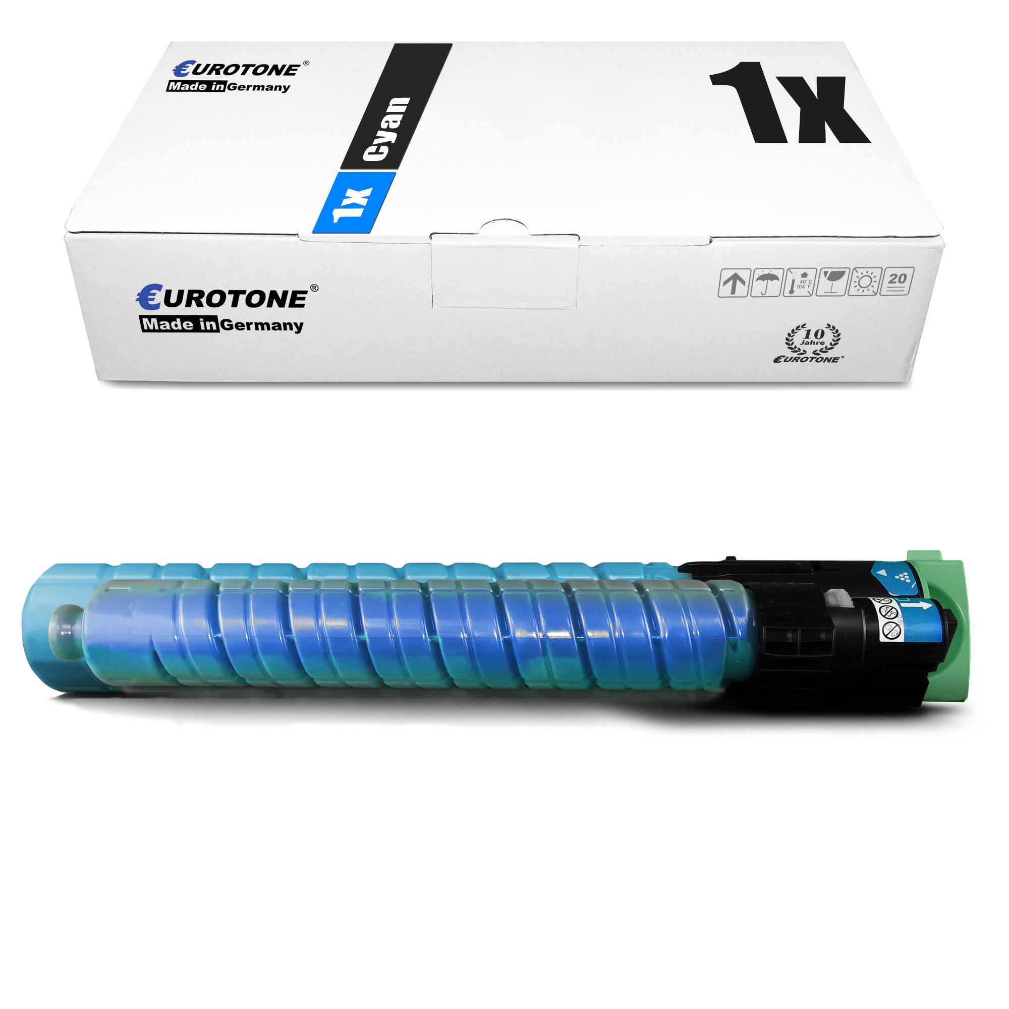Cyan-Tonerkartusche, weiße Box oben, auf weißem Hintergrund.