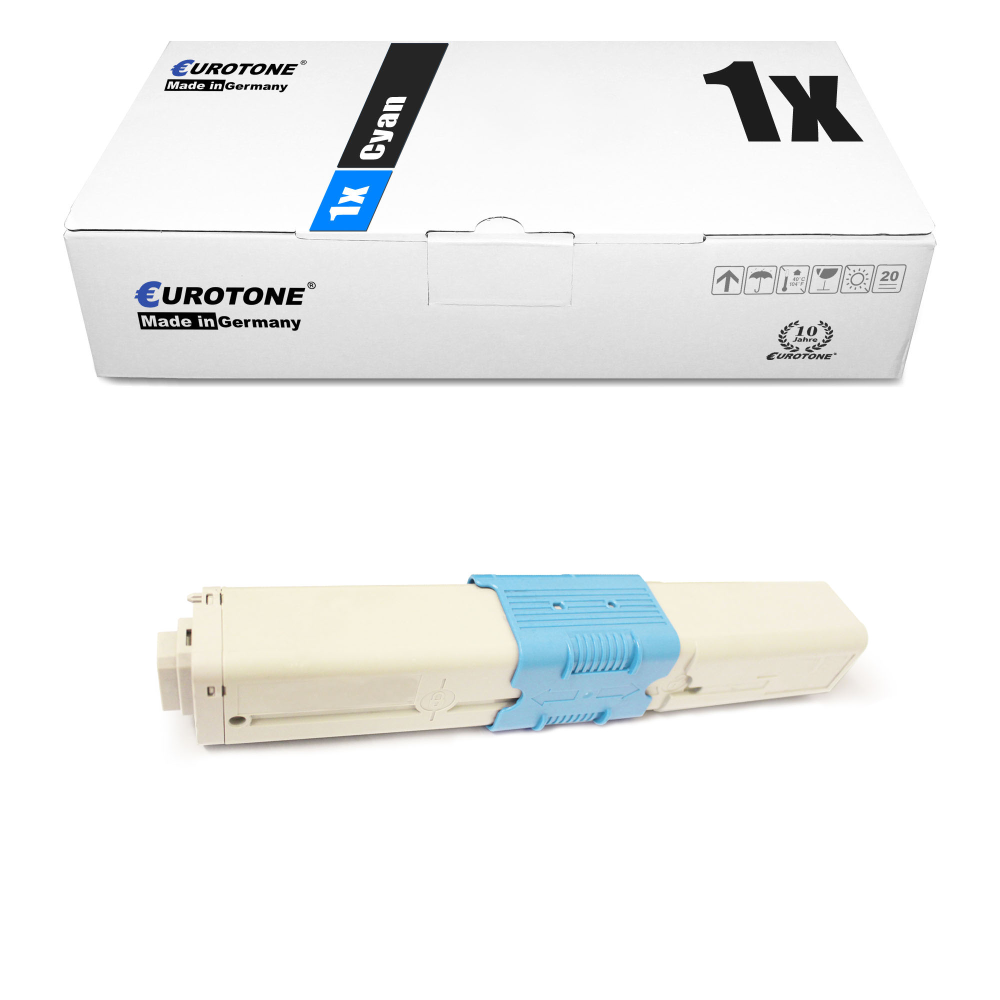 Cyan-Tonerpatrone, weiße Box mit cyanfarbenem Text und Eurotone-Logo.