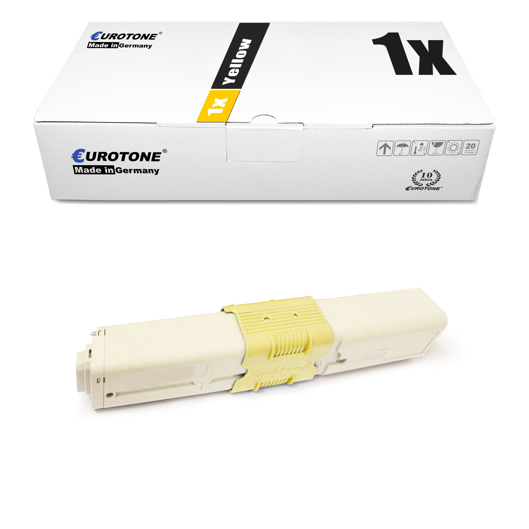 Gelbe Tonerkartusche in einer weißen Box. Auf der Box steht 'XL Yellow' und 'Eurotone'.