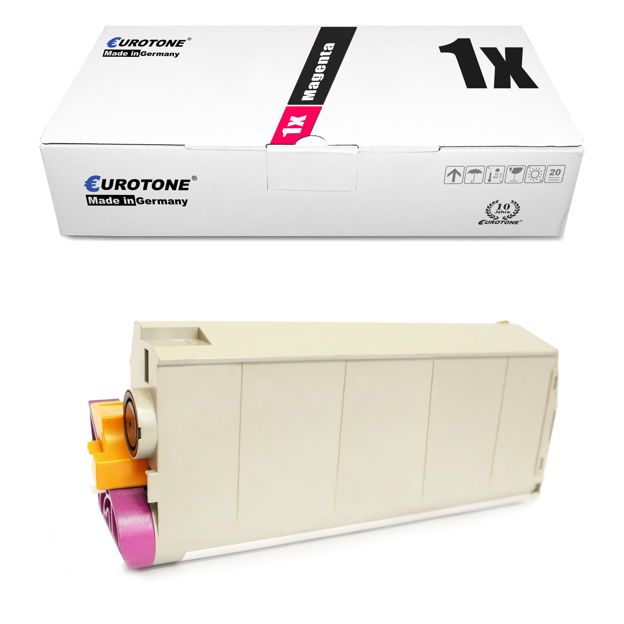 Magenta Tonerkartusche mit einer Box. Weißer Hintergrund.