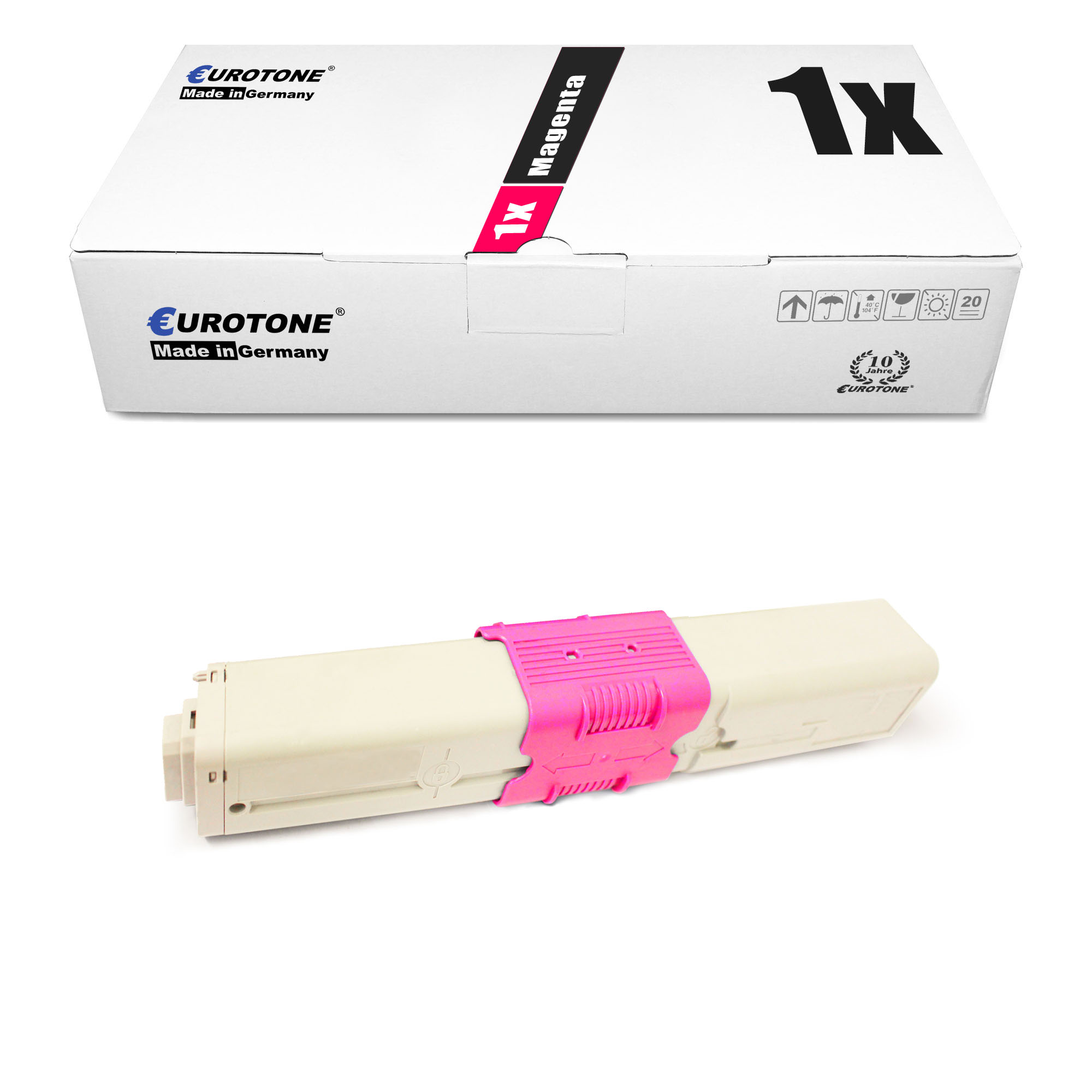 Magenta-Tonerkartusche und -box. Box hat 1x Magenta-Text. Die Tonerkartusche ist pink.