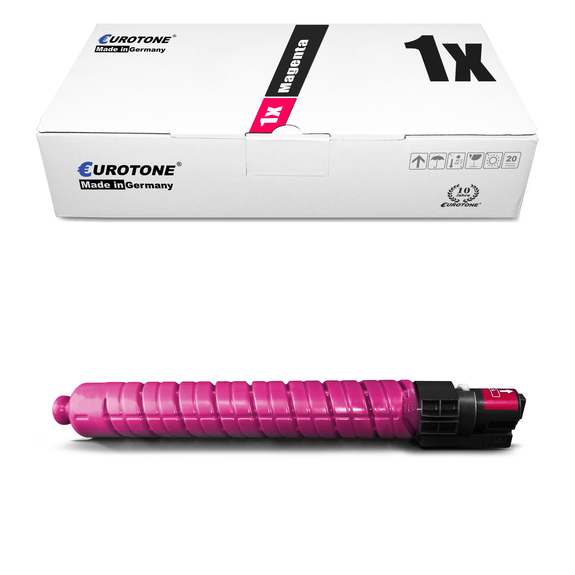 Magenta-Tonerkartusche und -karton. Auf dem Karton steht 'Magenta' und 'Made in Germany'.