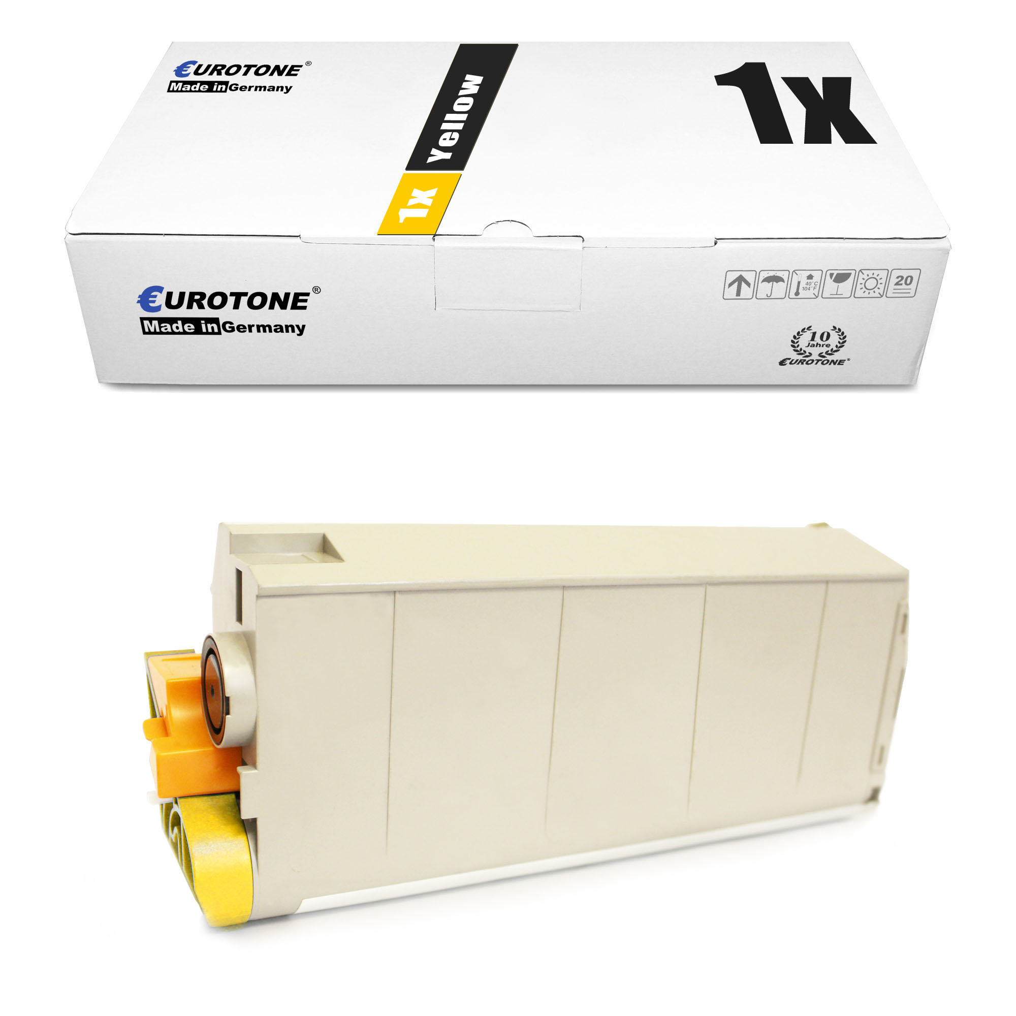 Weiße Box mit schwarzem Text und eine gelbe Tonerkartusche und cremefarbene Patrone darunter. Die Patrone ist gelb.