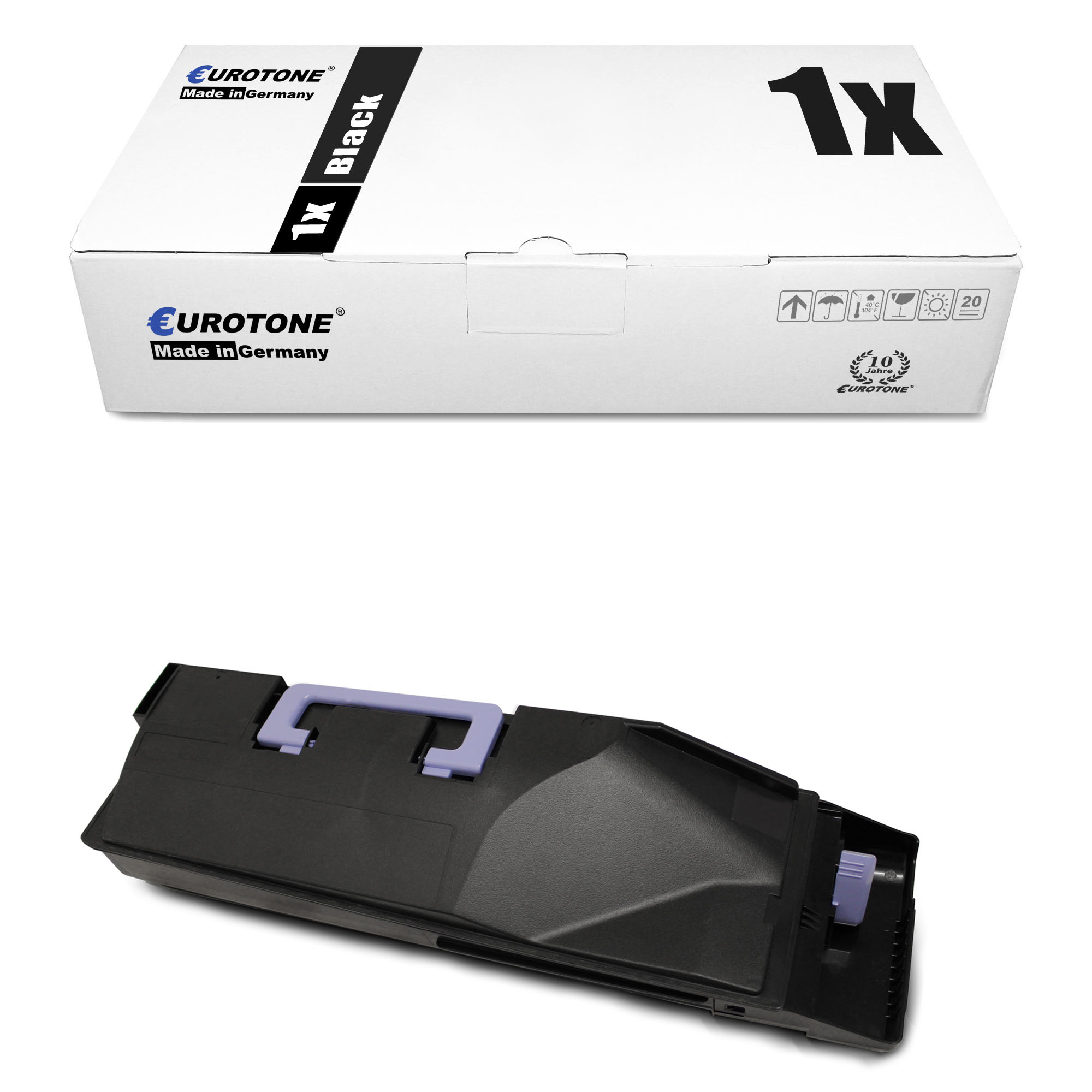 Schwarze Tonerkartusche und Box. Box ist weiß mit schwarzem Text. Kartusche ist schwarz mit lila Griff.