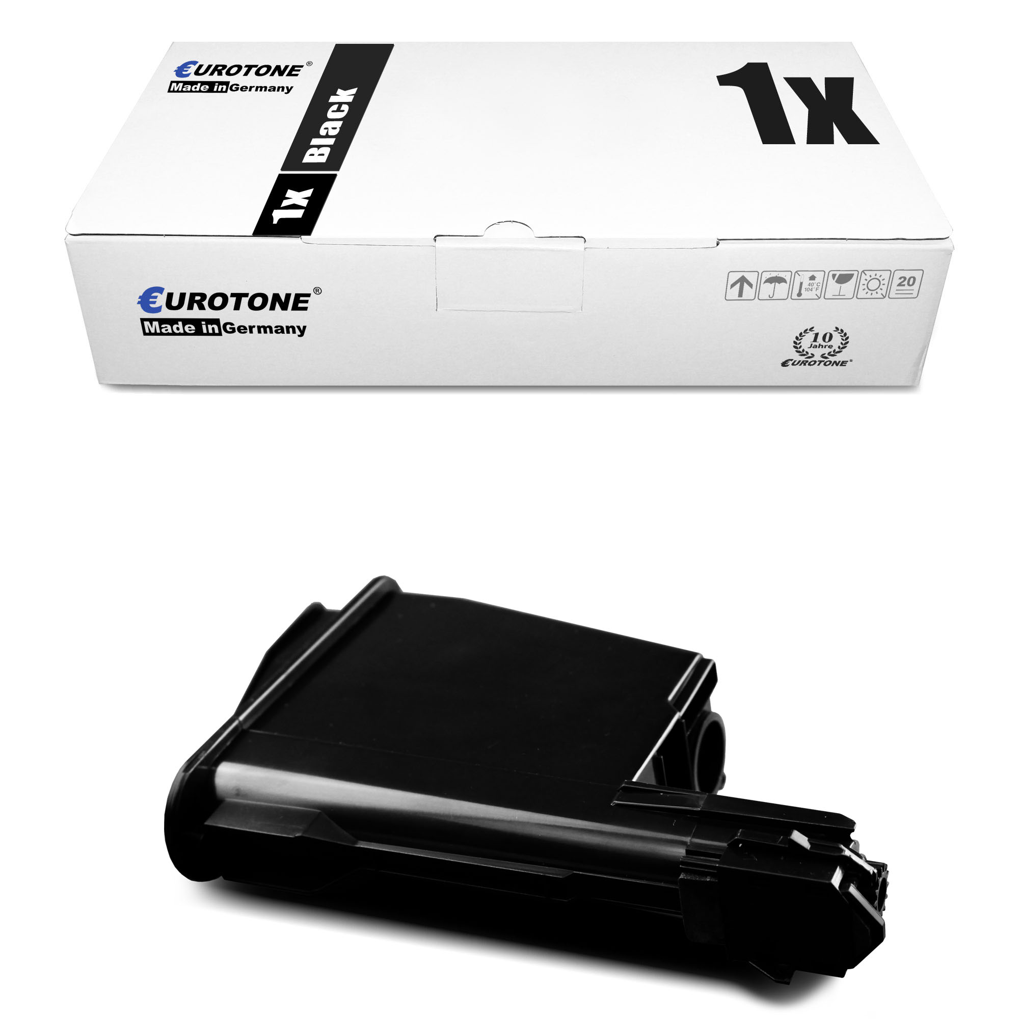 Schwarze Tonerkartusche und Box. Box ist weiß mit schwarzem Text. Kartusche ist schwarz.